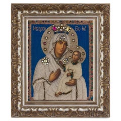 Antique Russian Beaded Icon After the Iverskaya