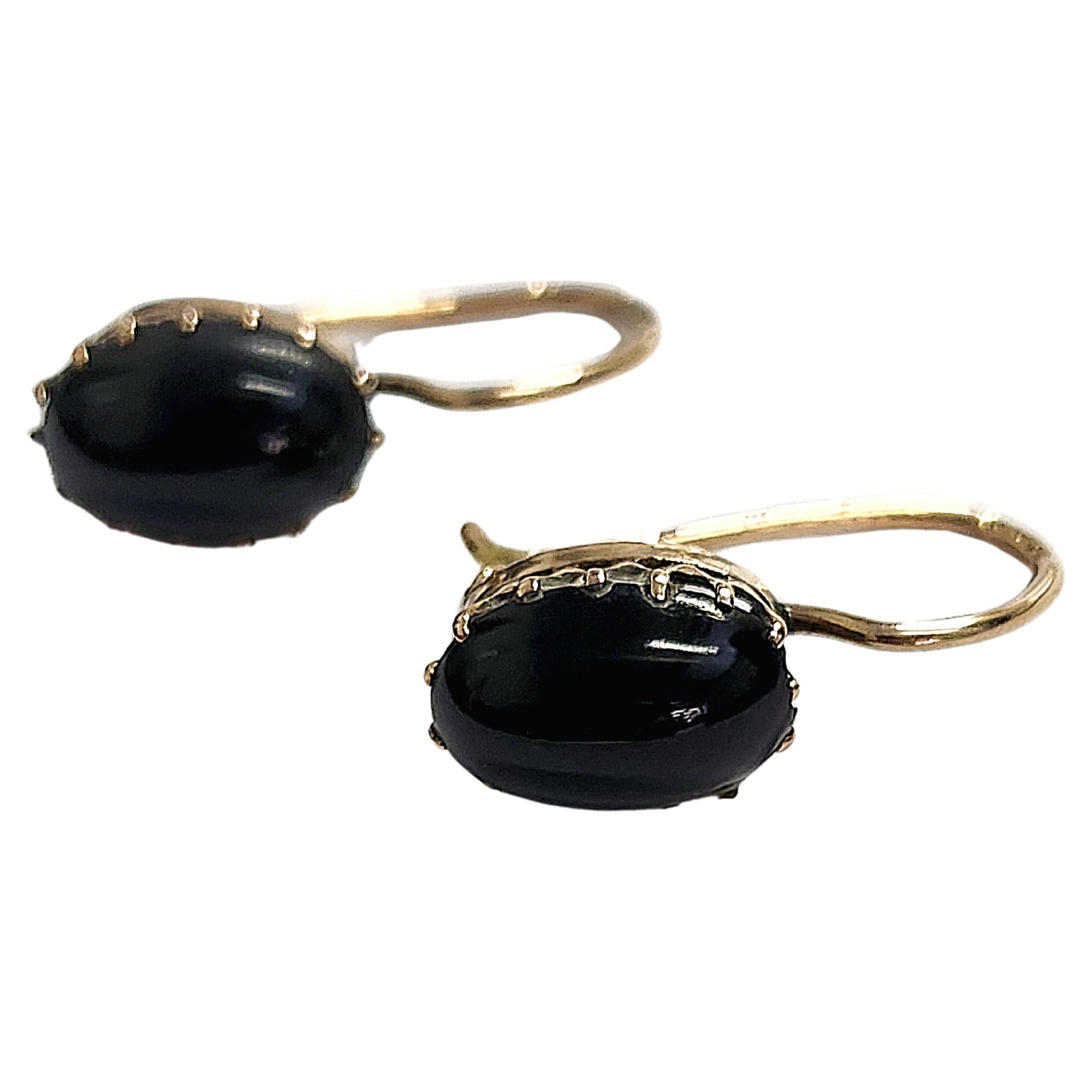 Antique imperial russian era 1910s 14k gold earrings centered with natural black agate stones hall marked 56 imperial russian gold standard and assay mark
