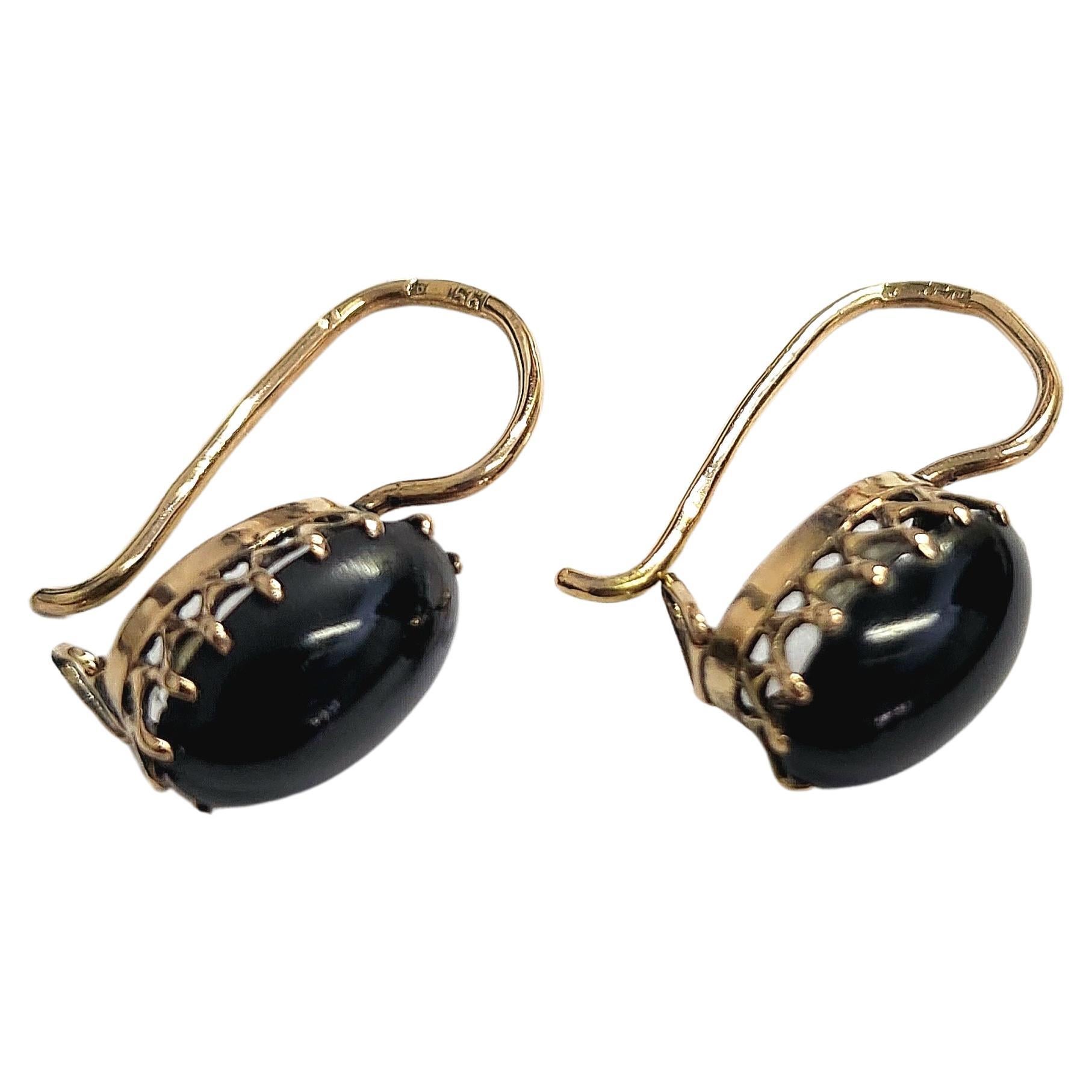 Antique Russian Black Agate Gold Earrings