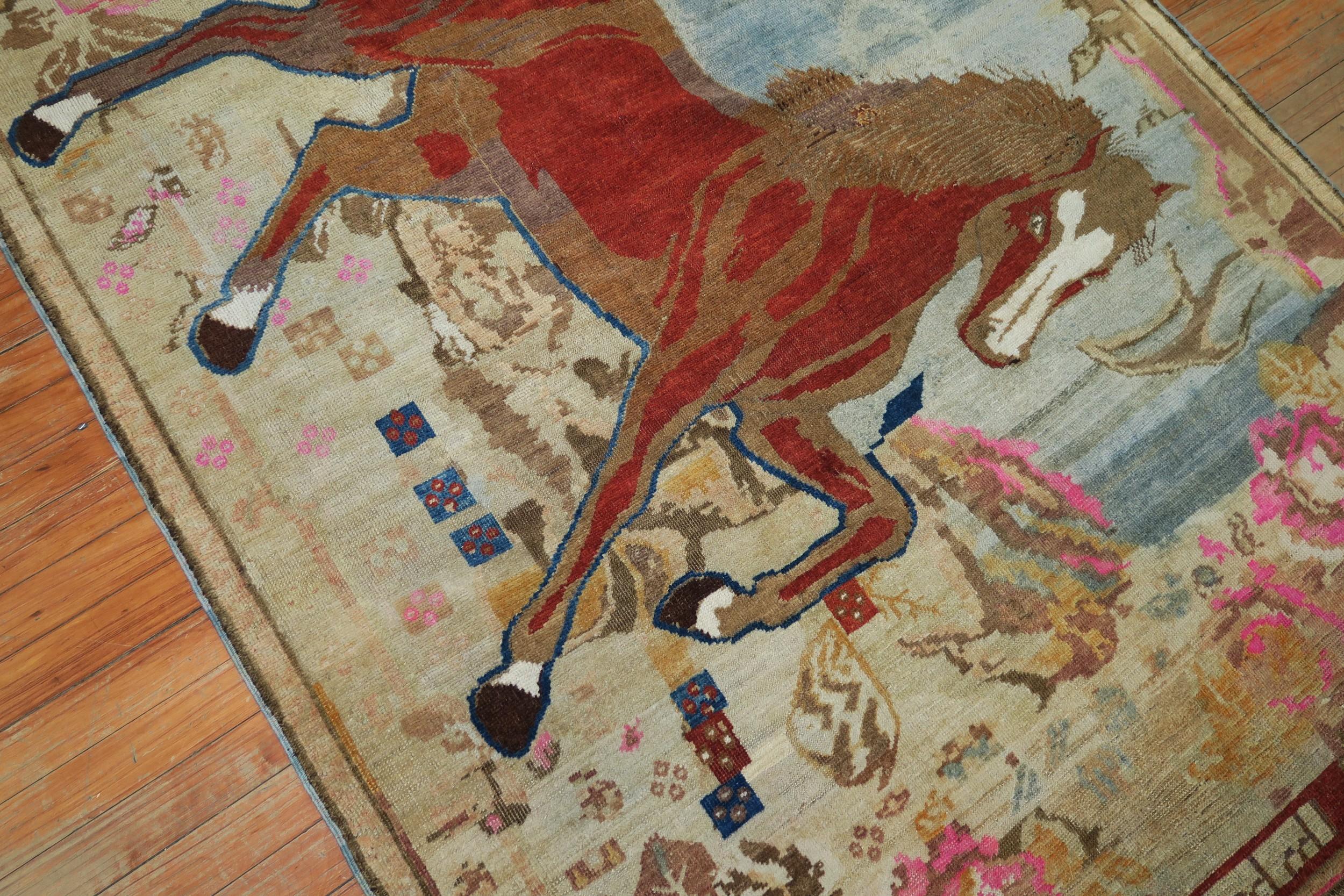 Antique Russian Brown Horse 20th Century Pictorial Wool Decorative Rug For Sale 2