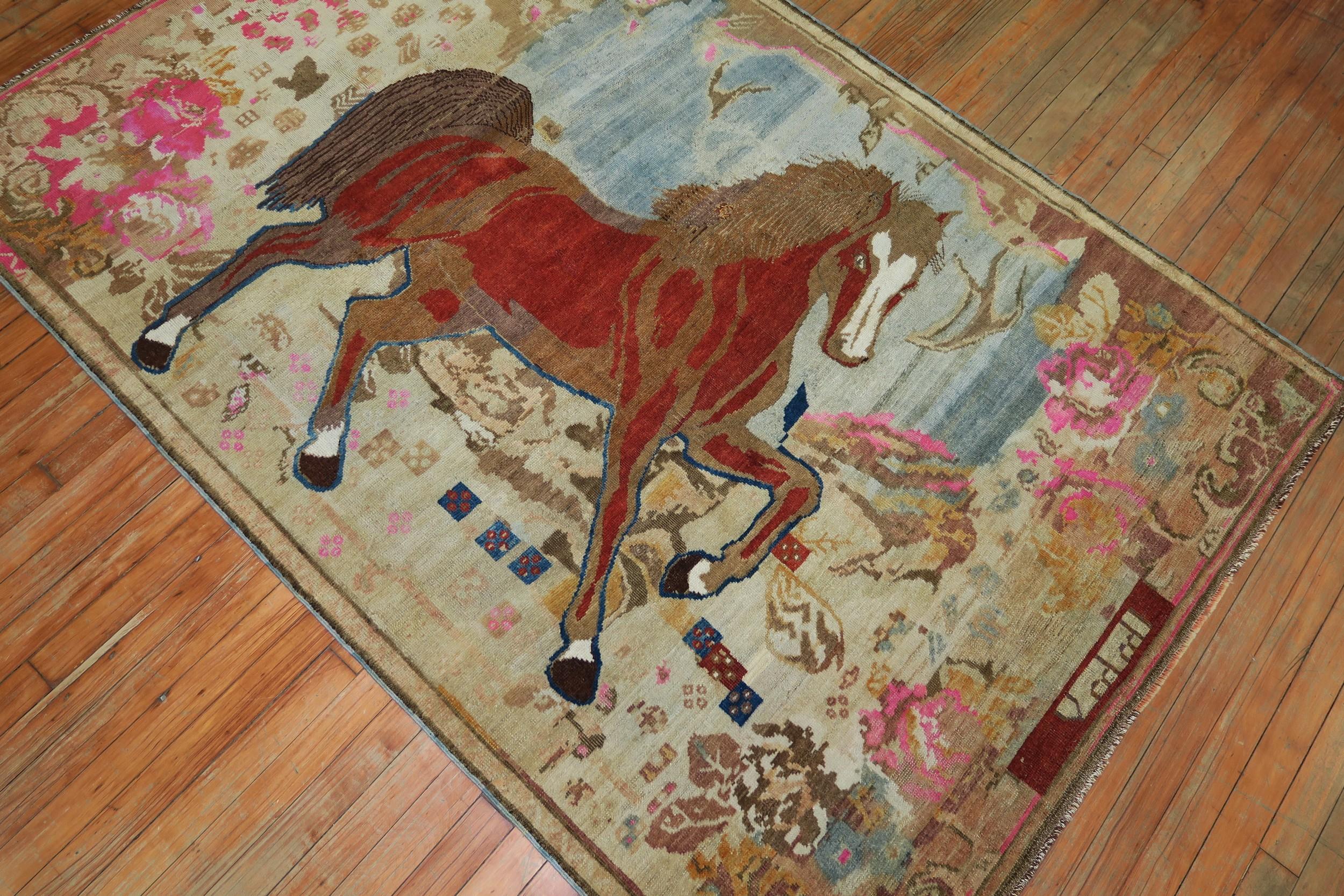 Antique Russian Brown Horse 20th Century Pictorial Wool Decorative Rug For Sale 3