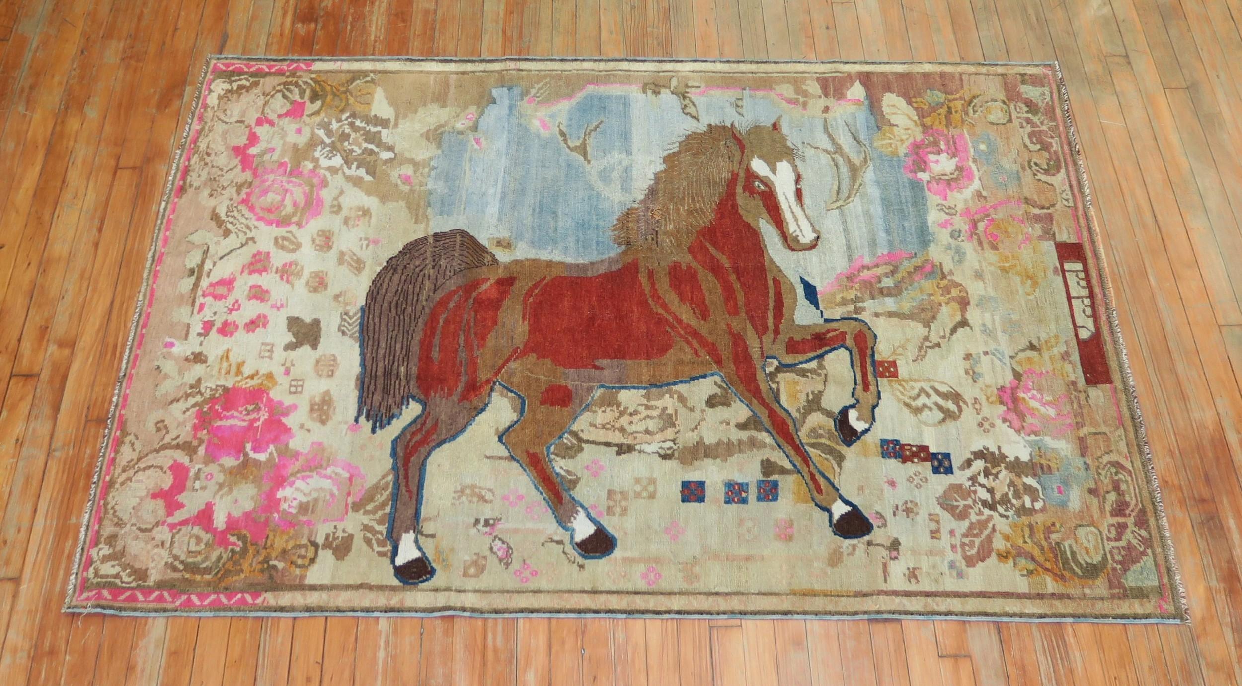 Antique Russian Brown Horse 20th Century Pictorial Wool Decorative Rug For Sale 4