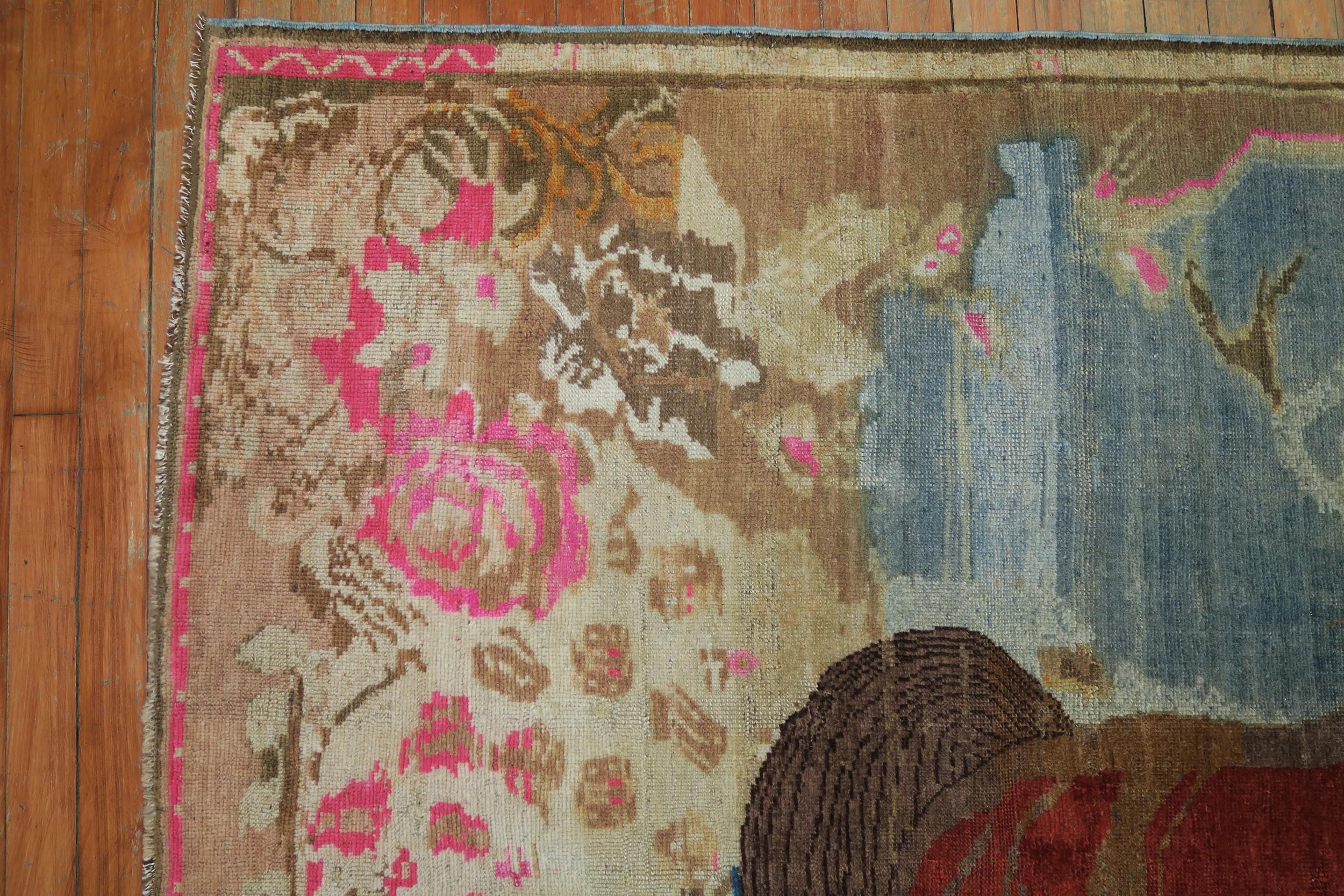 Russe Antique tapis décoratif russe en laine avec cheval marron du 20ème siècle en vente