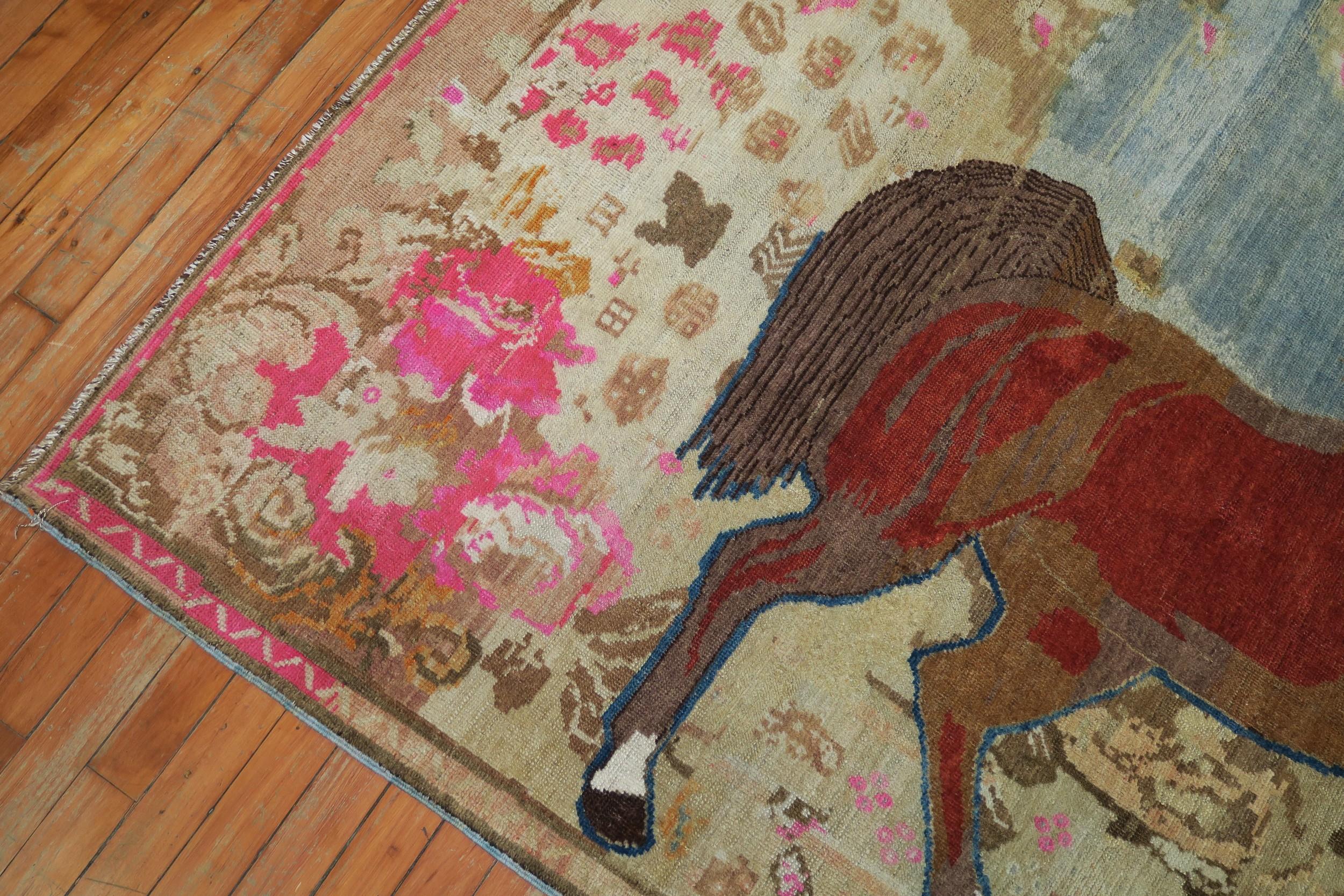 Folk Art Antique Russian Brown Horse 20th Century Pictorial Wool Decorative Rug For Sale
