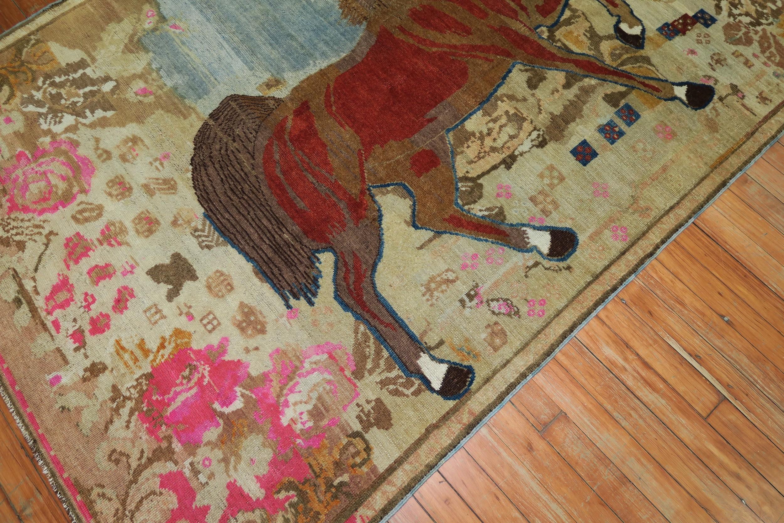 Hand-Woven Antique Russian Brown Horse 20th Century Pictorial Wool Decorative Rug For Sale