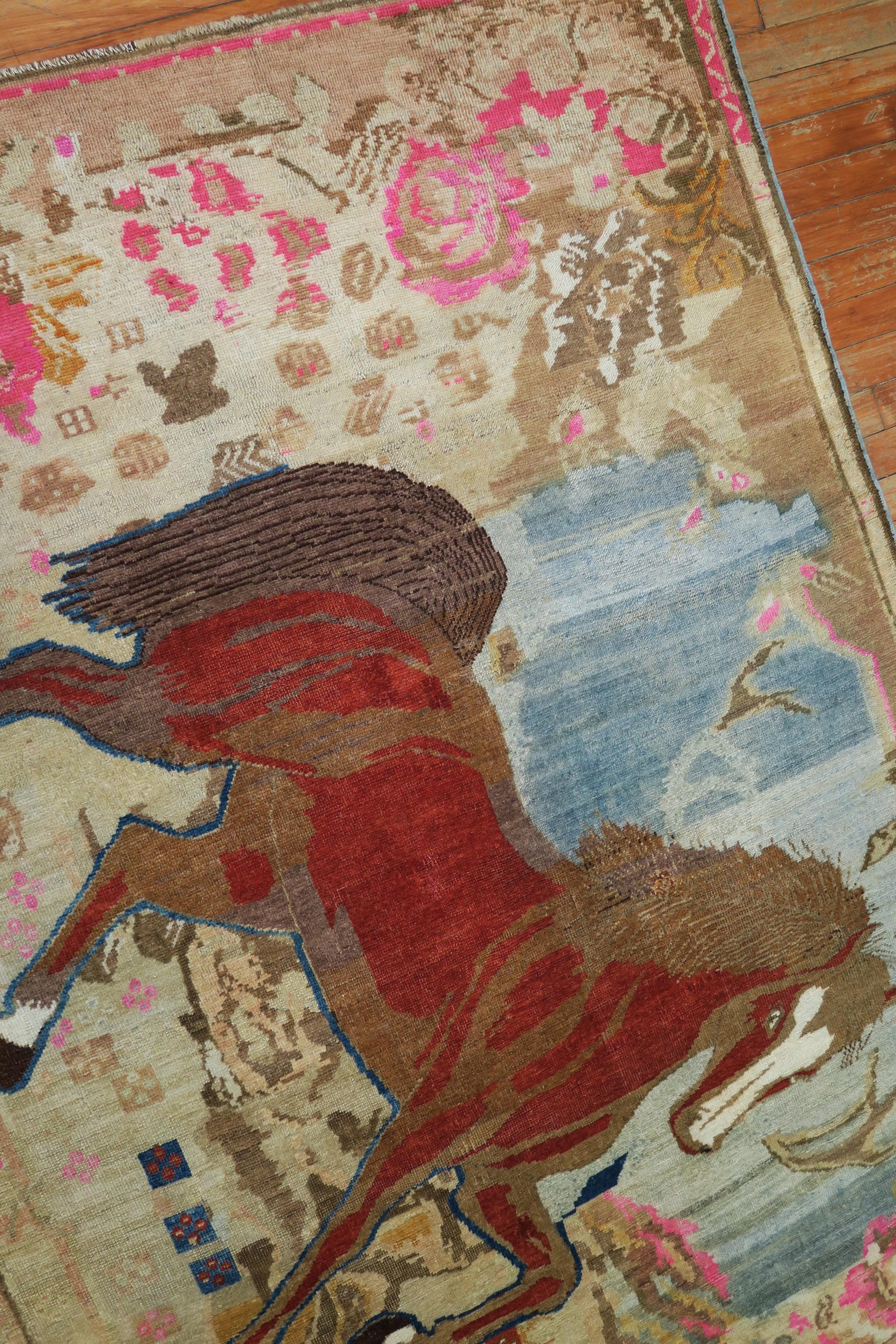 Laine Antique tapis décoratif russe en laine avec cheval marron du 20ème siècle en vente