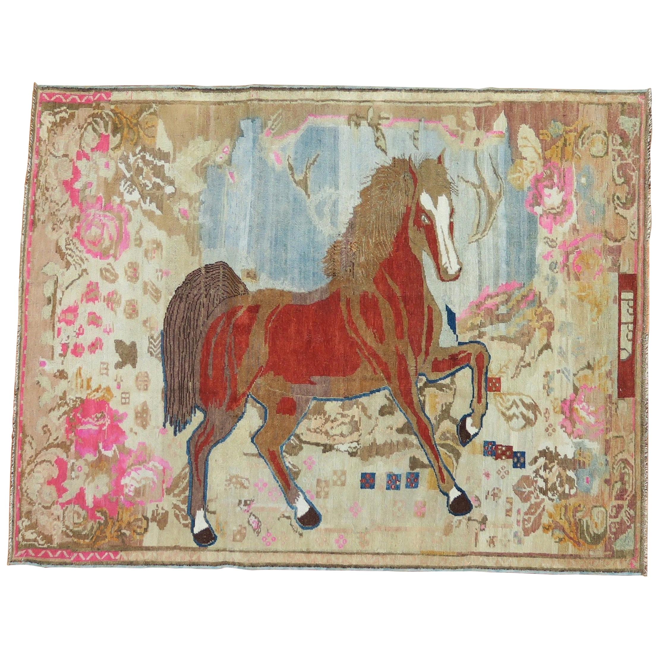 Antique Russian Brown Horse 20th Century Pictorial Wool Decorative Rug For Sale