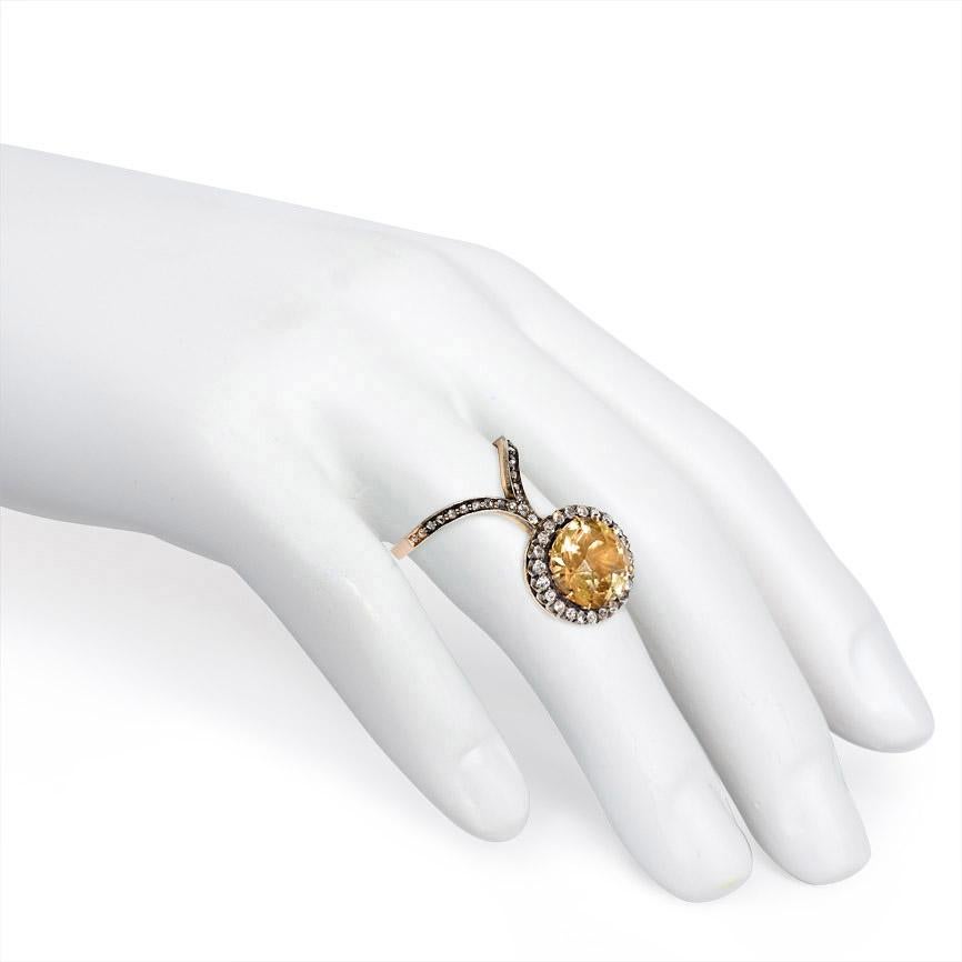 Antique Russian Brown Zircon and Diamond Ring, Original Case In Good Condition In New York, NY