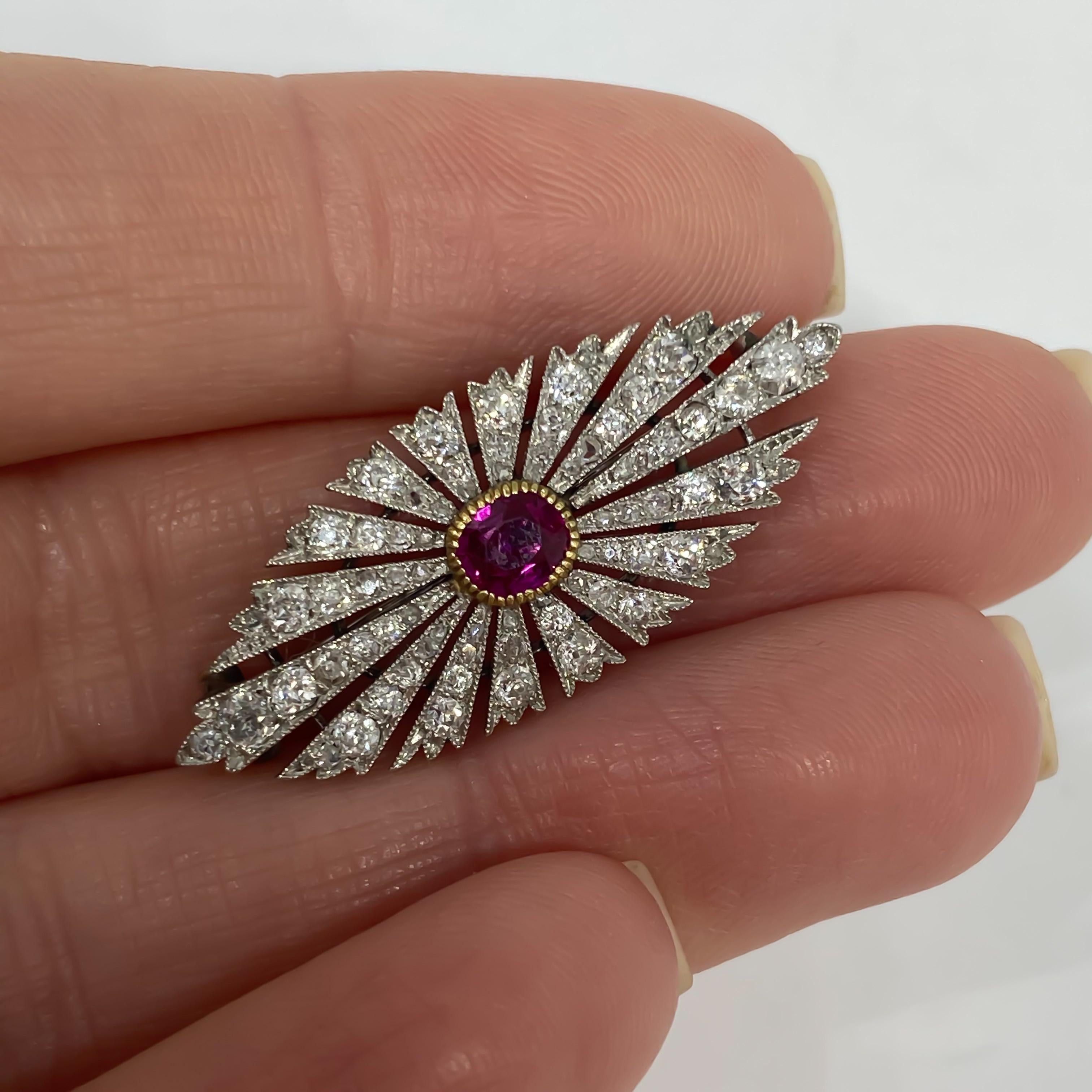 Antique Russian Burma Ruby and Diamond Brooch Pin Platinum, circa 1890 In Excellent Condition In Carmel-by-the-Sea, CA