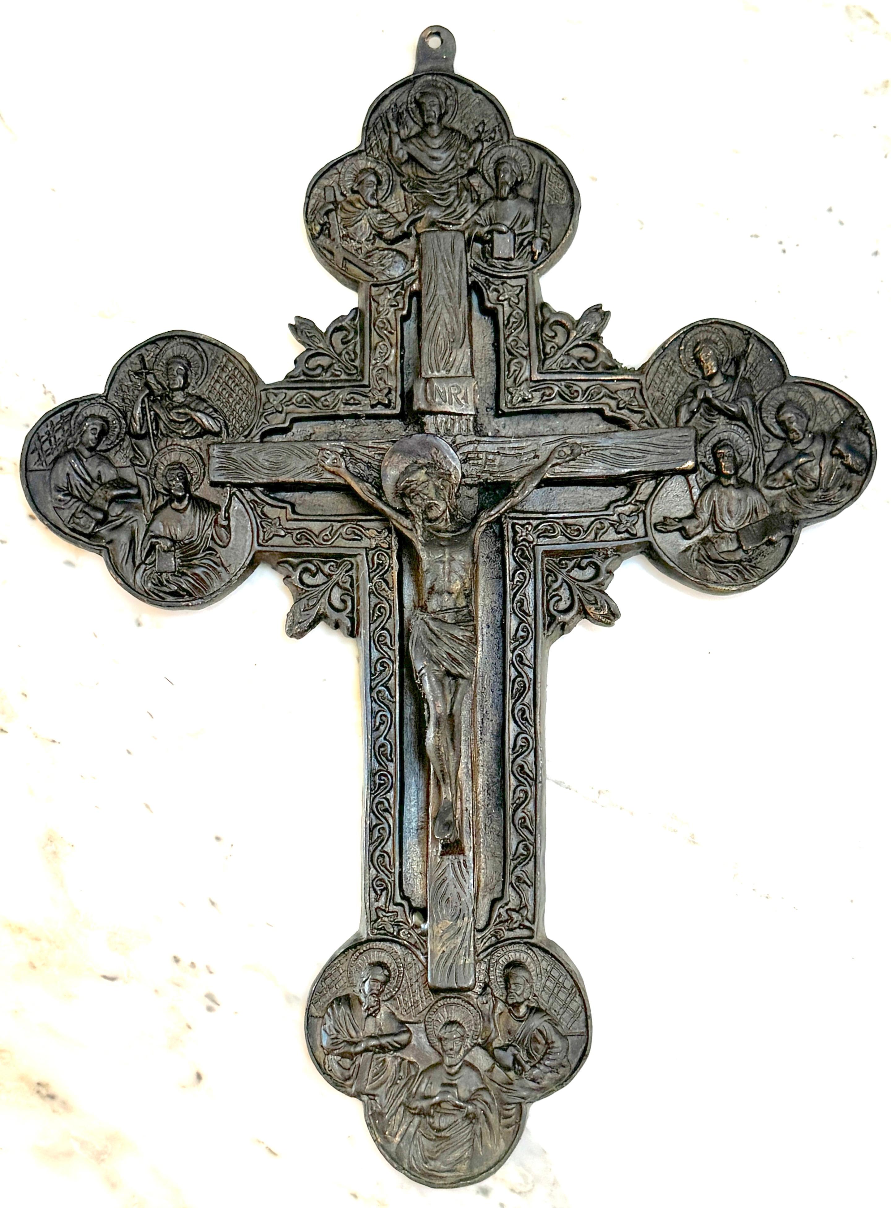 Antique Russian Byzantine Icon Patinated Zinc Cross or Crucifix 
Russia, 20th century 

An exquisite antique Russian Byzantine icon-patinated zinc cross or crucifix from the 20th century. This unique piece measures 12.5 inches high by 9.25 inches
