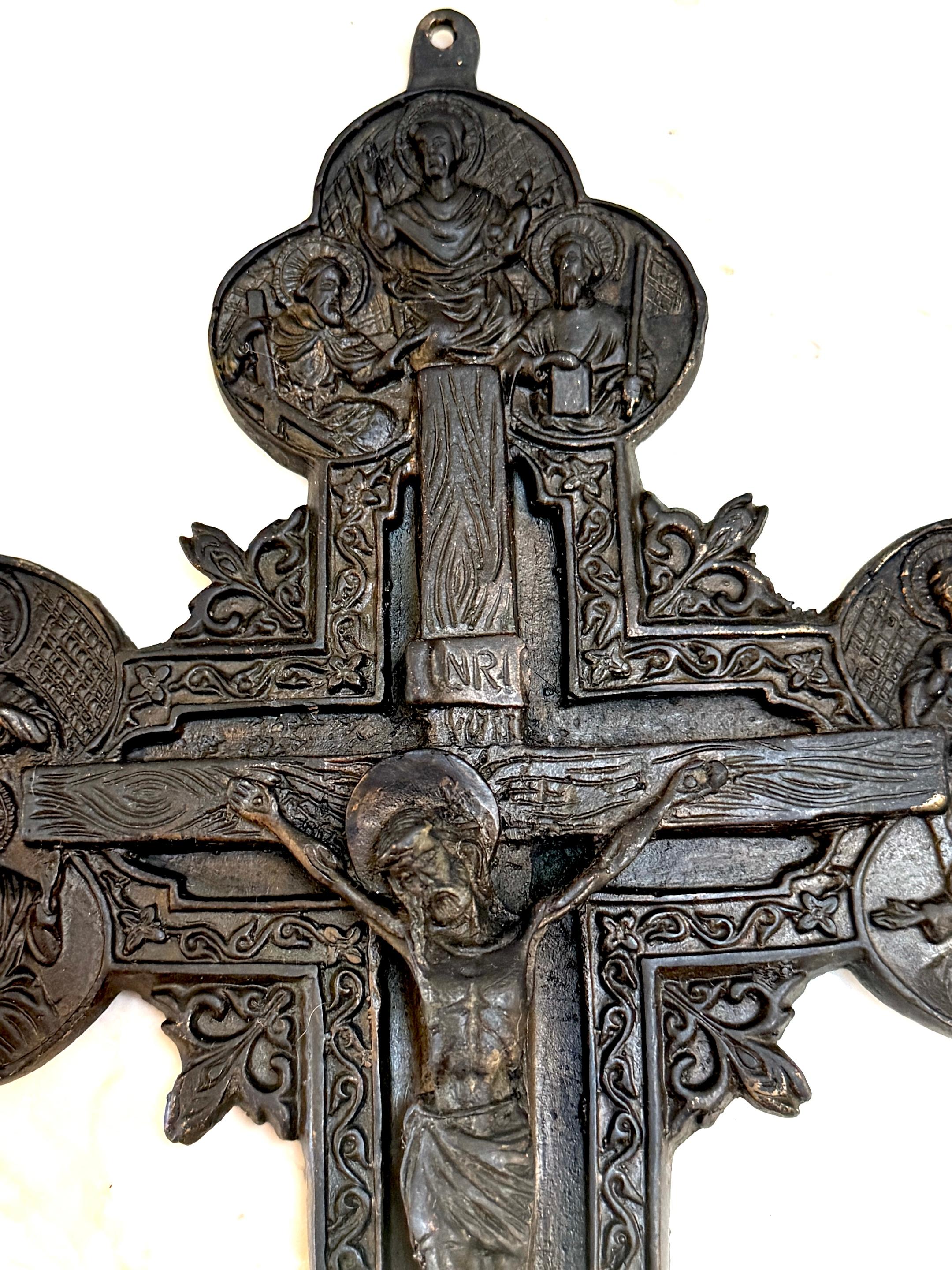 Cast Antique Russian Byzantine Icon Patinated Zinc Cross/ Crucifix