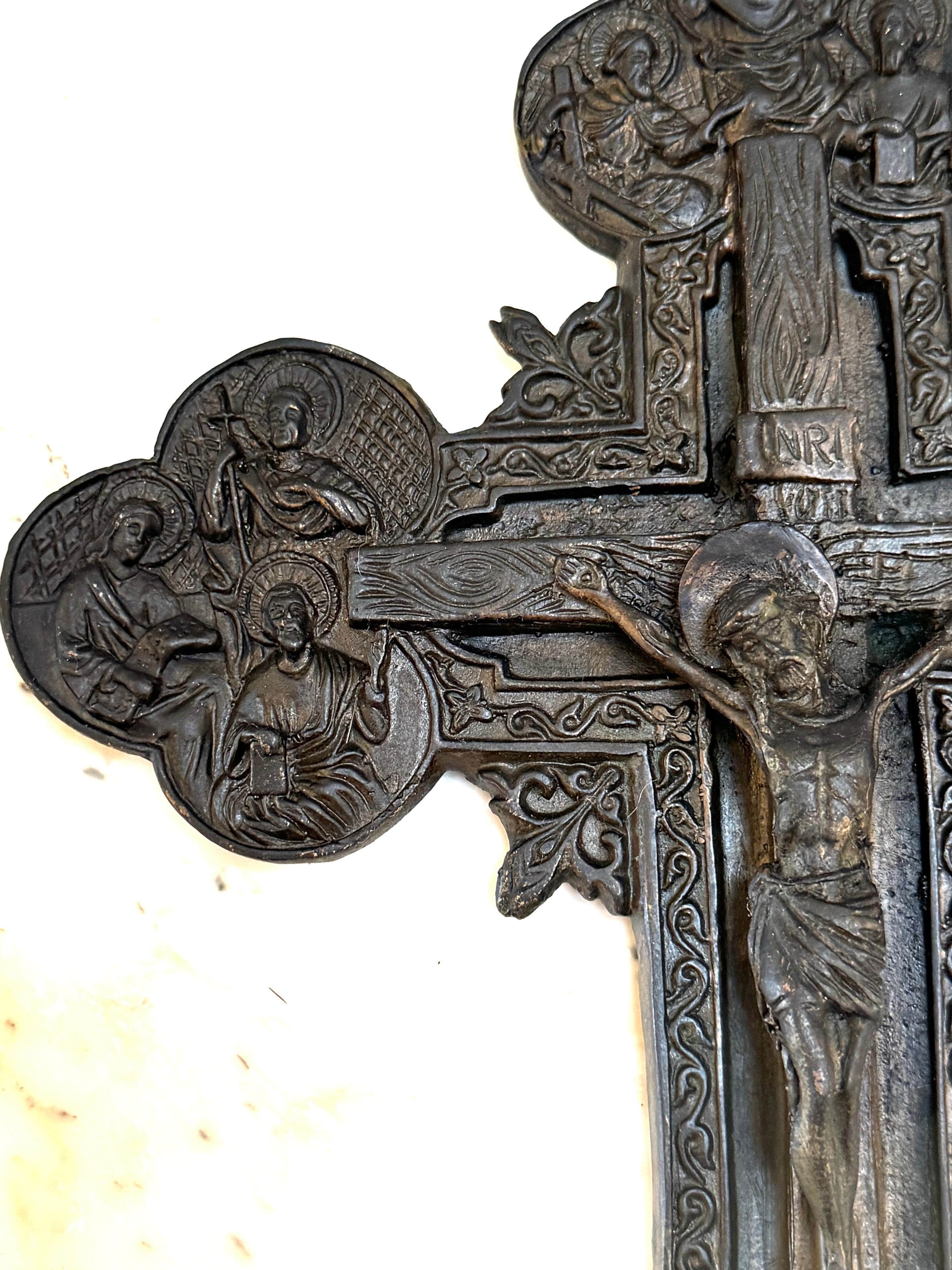 Antique Russian Byzantine Icon Patinated Zinc Cross/ Crucifix In Good Condition In West Palm Beach, FL