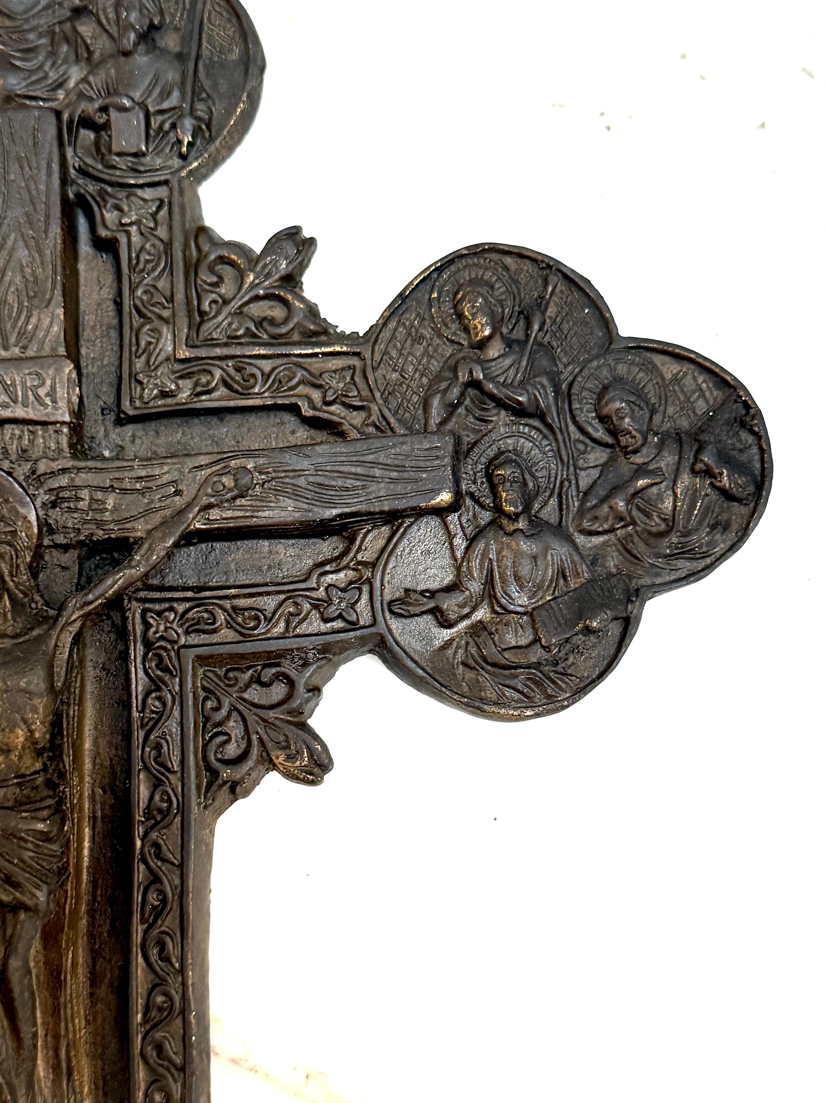 20th Century Antique Russian Byzantine Icon Patinated Zinc Cross/ Crucifix