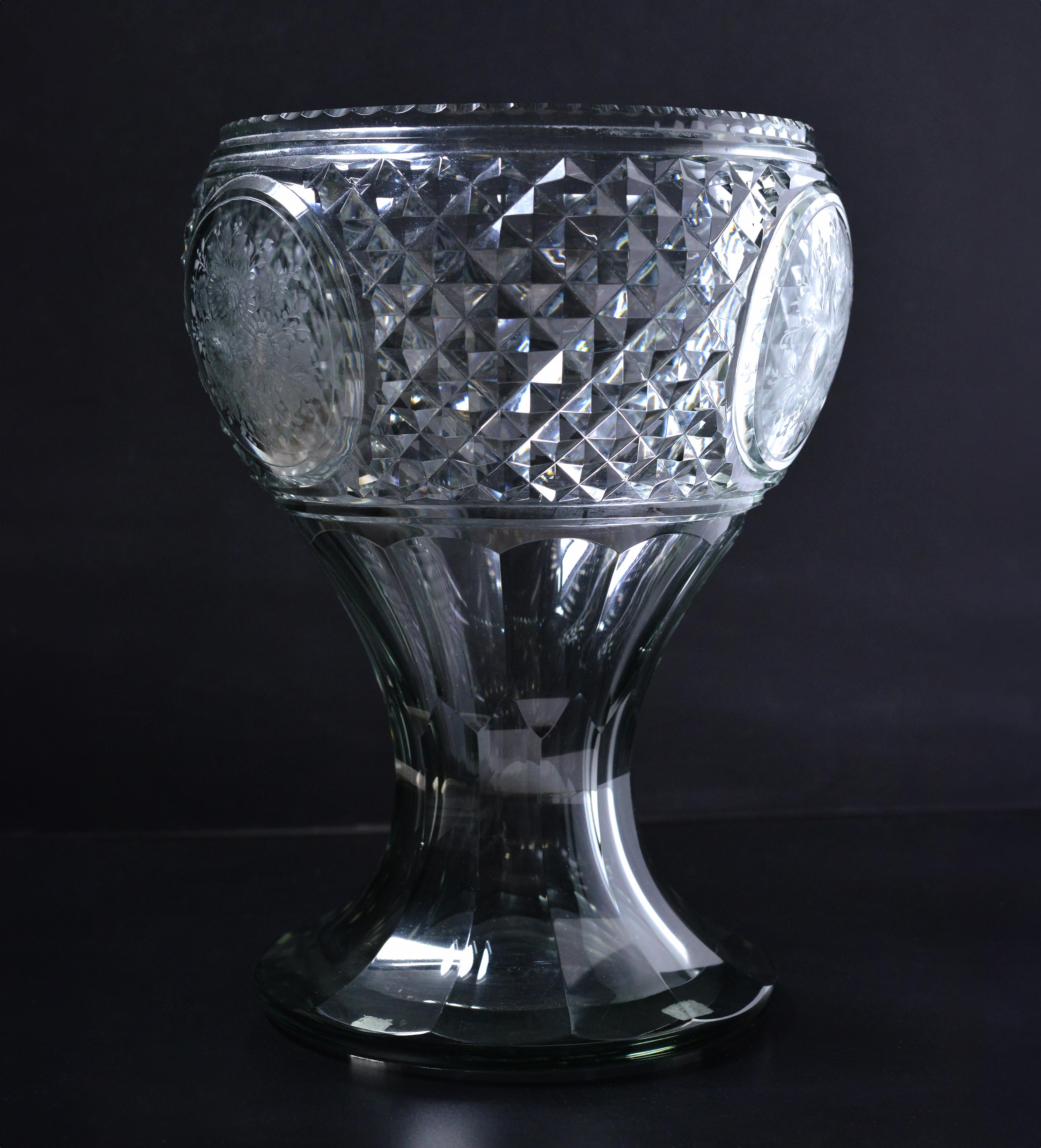 Baroque Antique Russian Carved Crystal Glass Vase with Floral Engraved 19th century For Sale