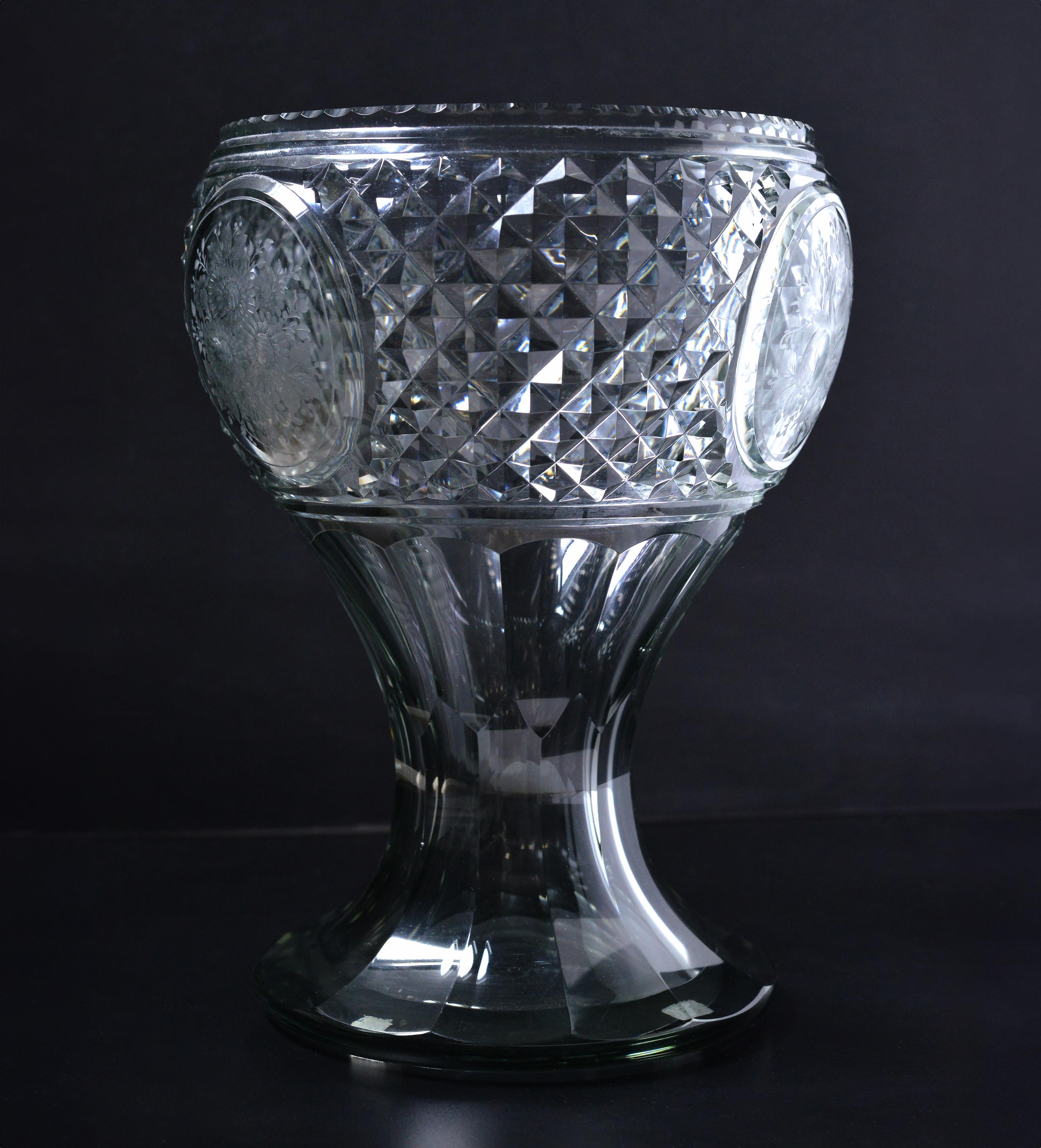 Baroque Antique Russian Cut Crystal Glass Vase with Floral Engraved 19th century For Sale