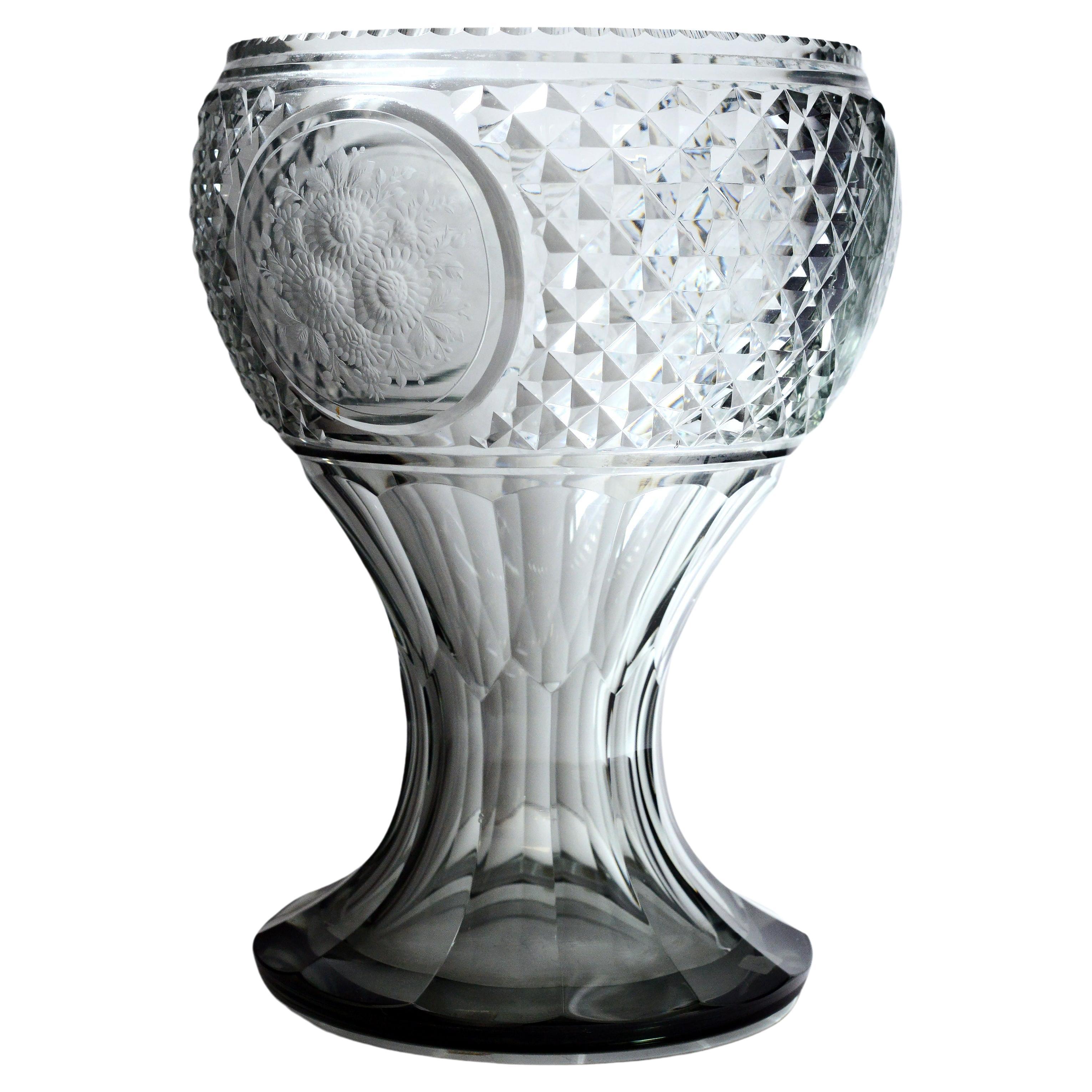Antique Russian Carved Crystal Glass Vase with Floral Engraved 19th century For Sale