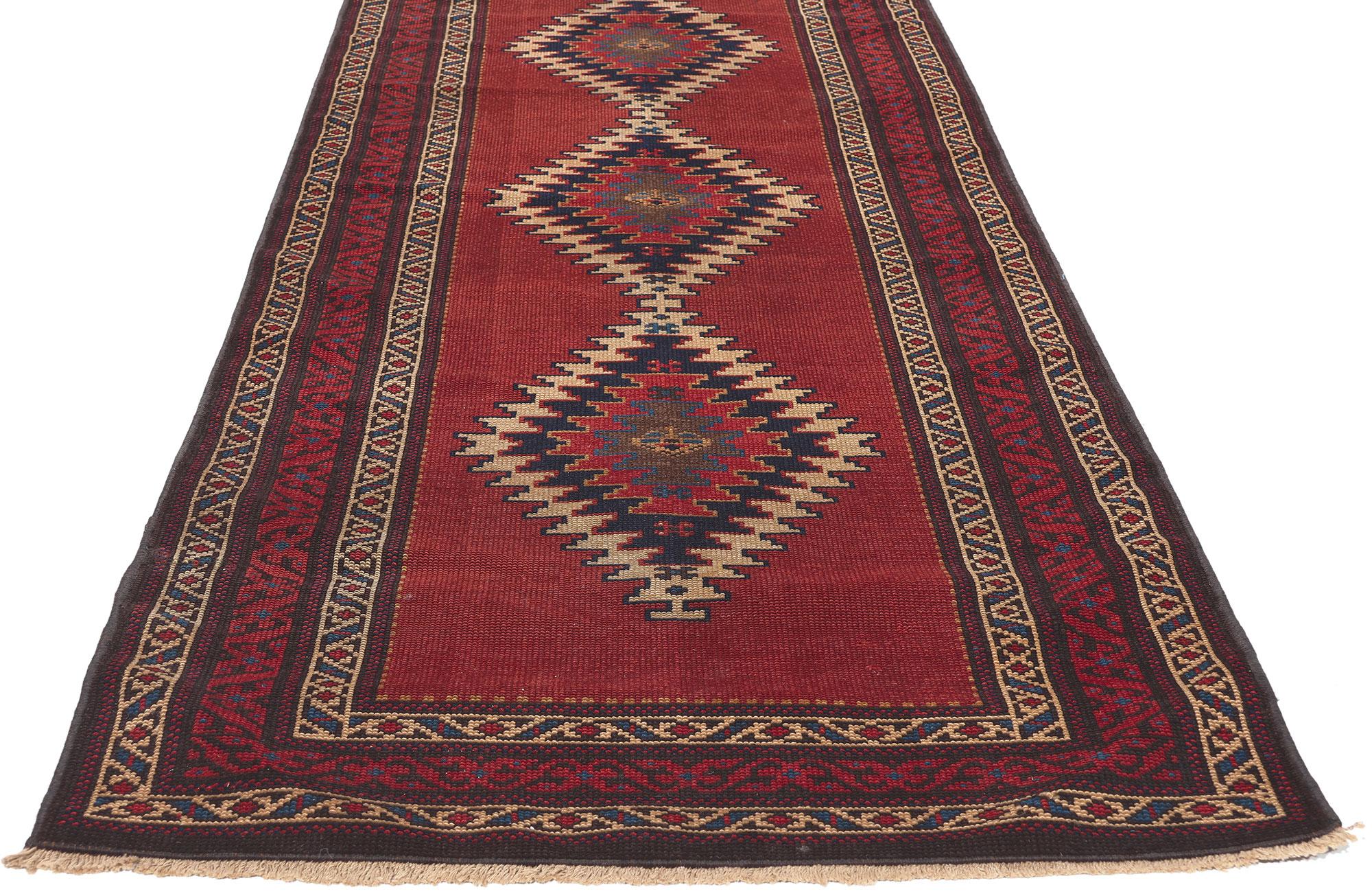 Hand-Knotted Antique Russian Caucasian Karabagh Rug, Extra-Long Hotel Size Aisle Runner