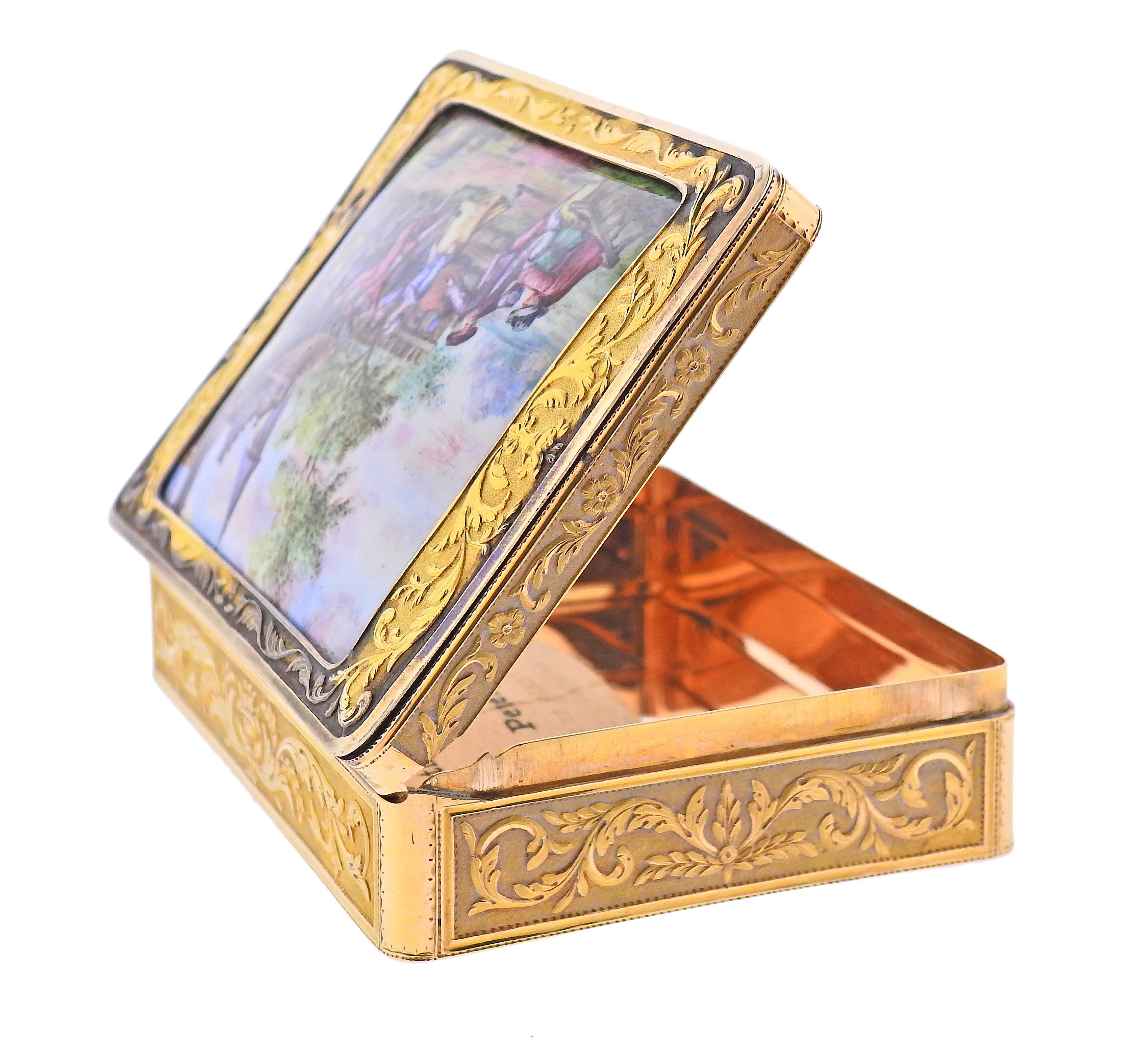 Antique Circa 1810s, Russian made box, in 14k gold with hand applied enamel. Box measures 3.5