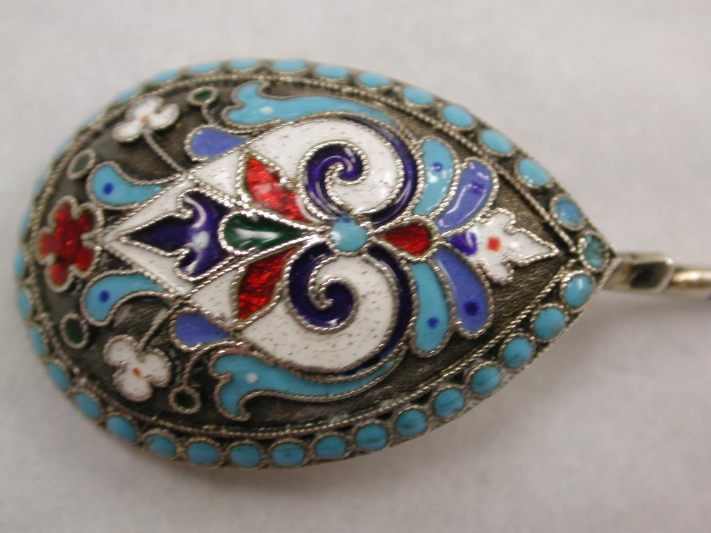 Antique Russian Cloisonné enamel silver spoon, dated circa 1900
Assayed in Moscow, 84 standard which is equivalent to 87.5 % silver.

  