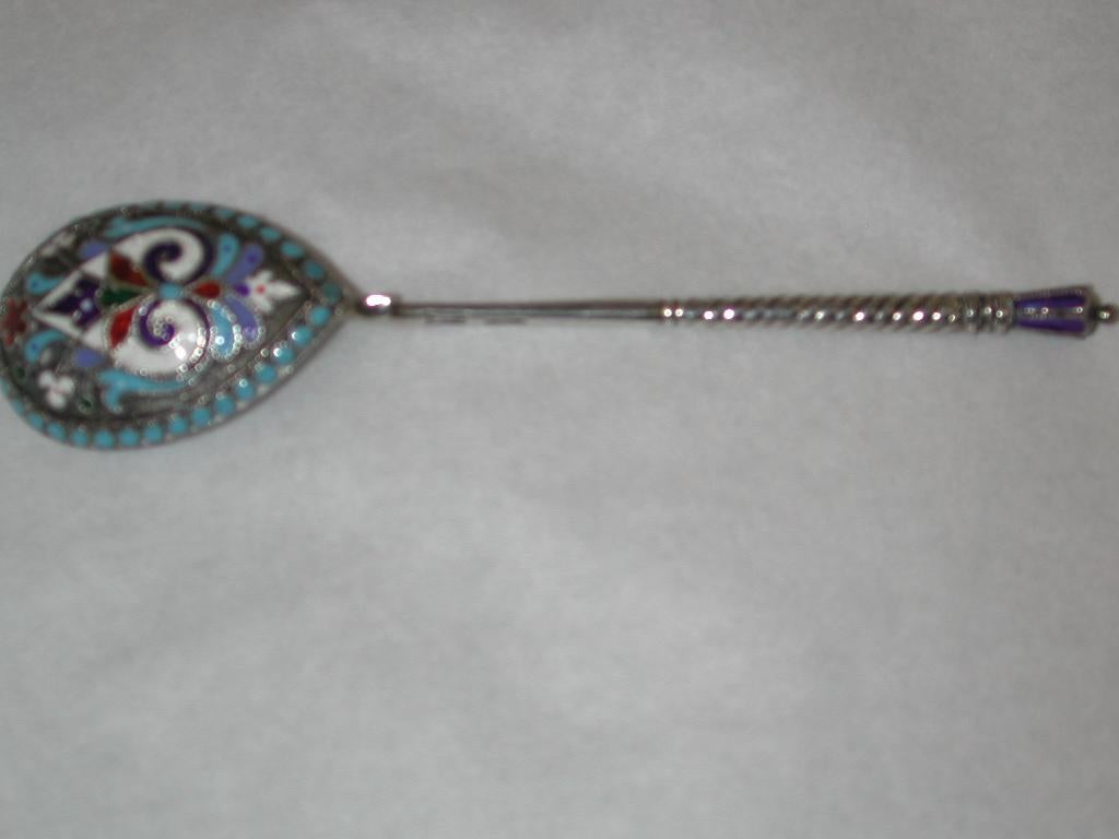 Early 20th Century Antique Russian Cloisonne Enamel Silver Spoon, Dated 1900