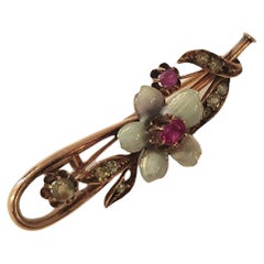 Antique Russian Demantoid And Ruby Enamel Gold Brooch