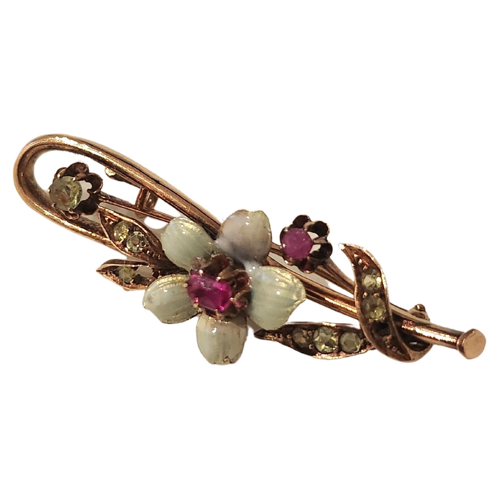 Antique Russian Demantoid And Ruby Enamel Gold Brooch For Sale