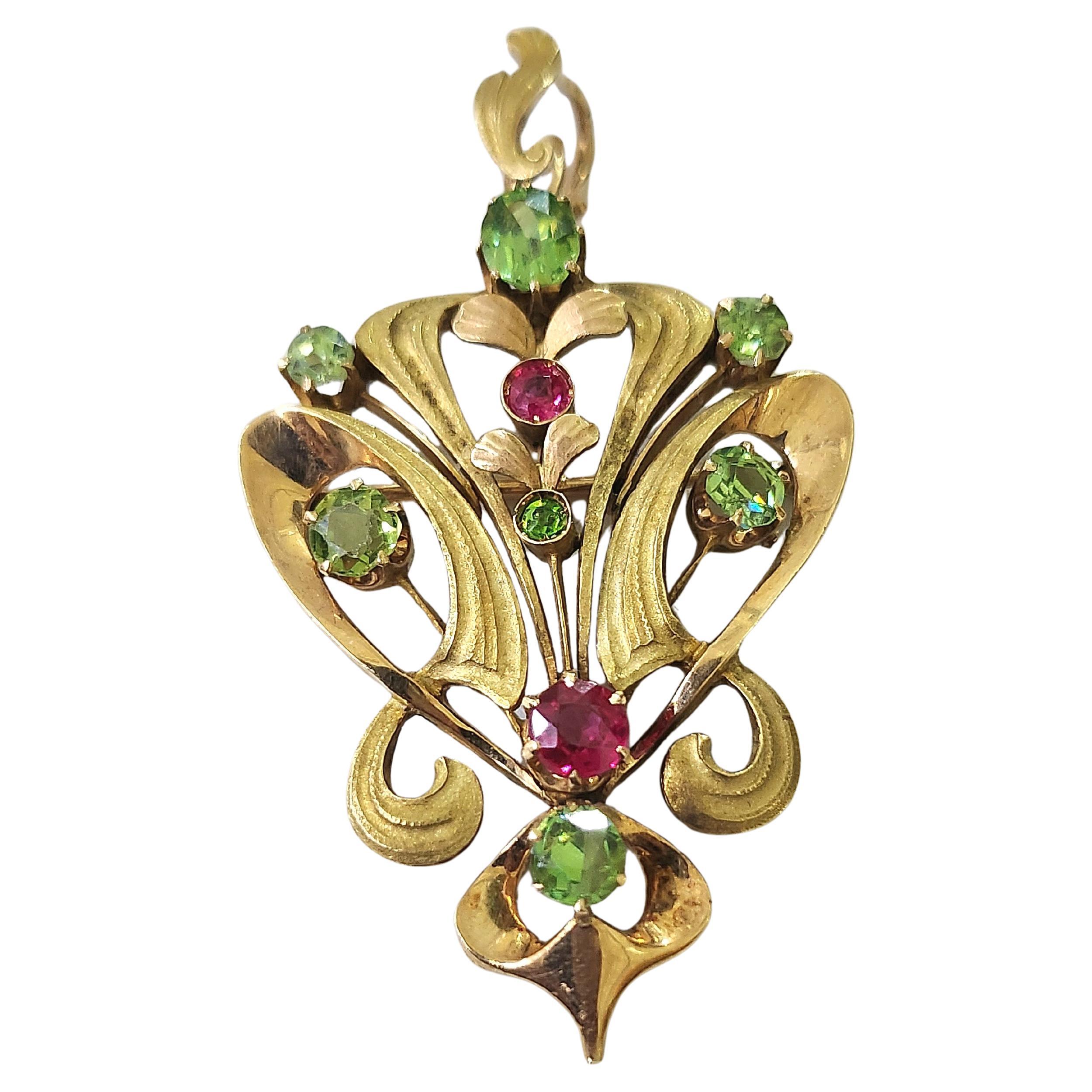 Antike russische Demantoid und Rubin Gold Brosche Anhänger