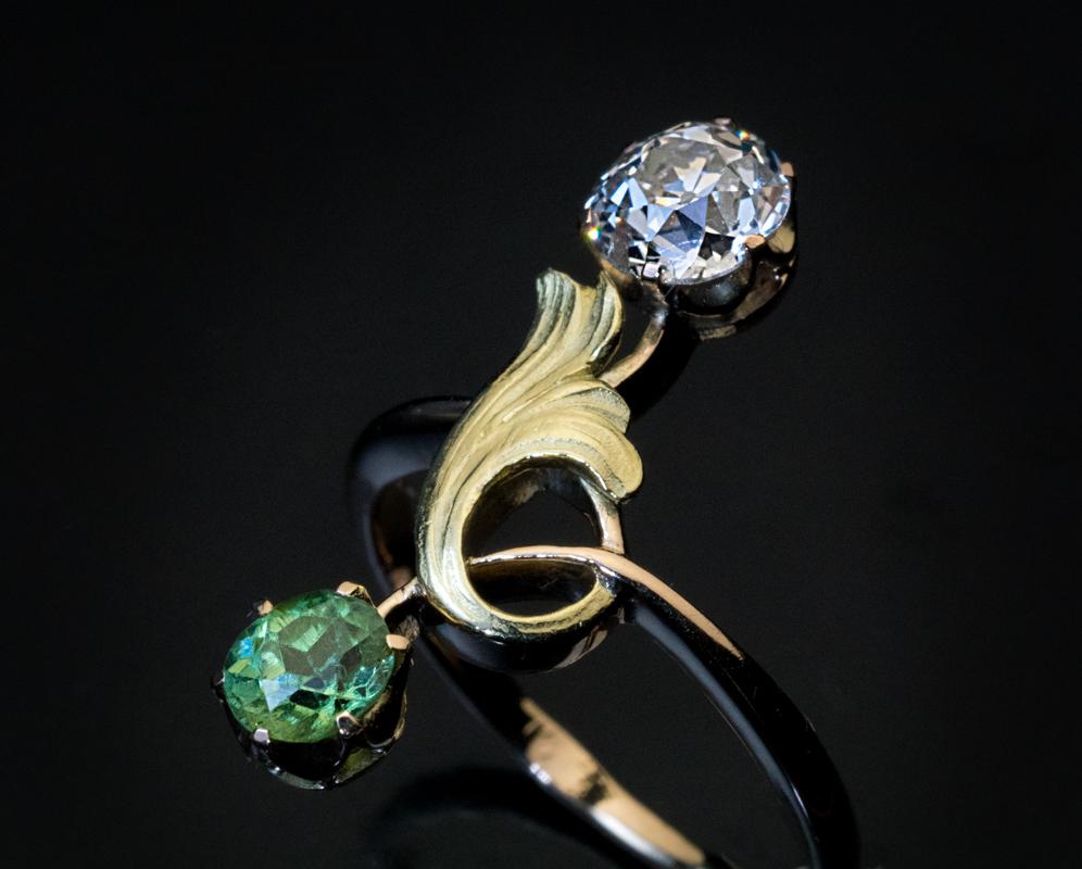 Old Mine Cut Antique Russian Demantoid Diamond Art Nouveau Ring