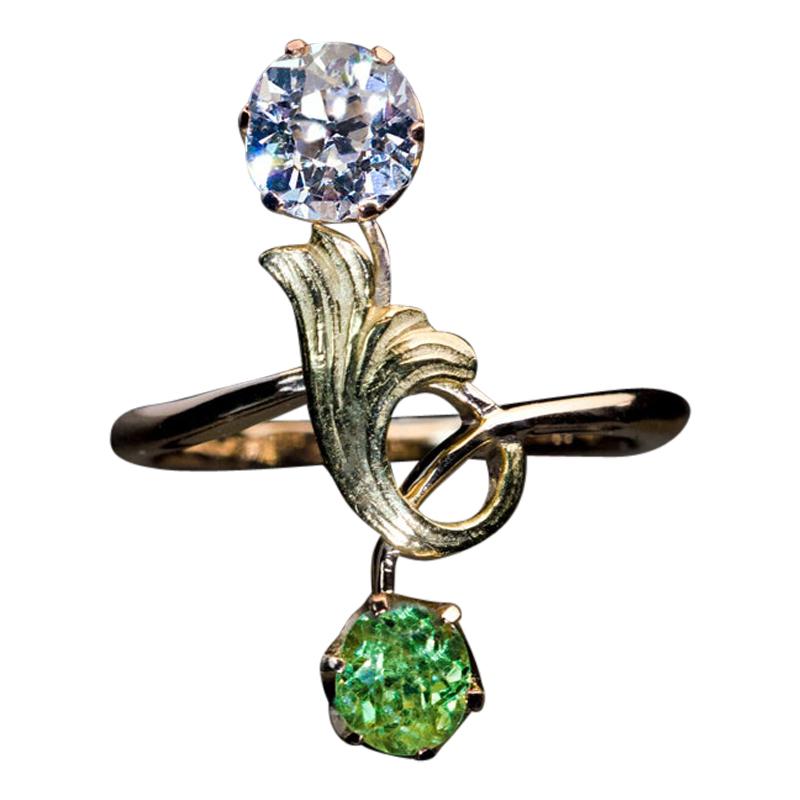 Antique Russian Demantoid Diamond Art Nouveau Ring