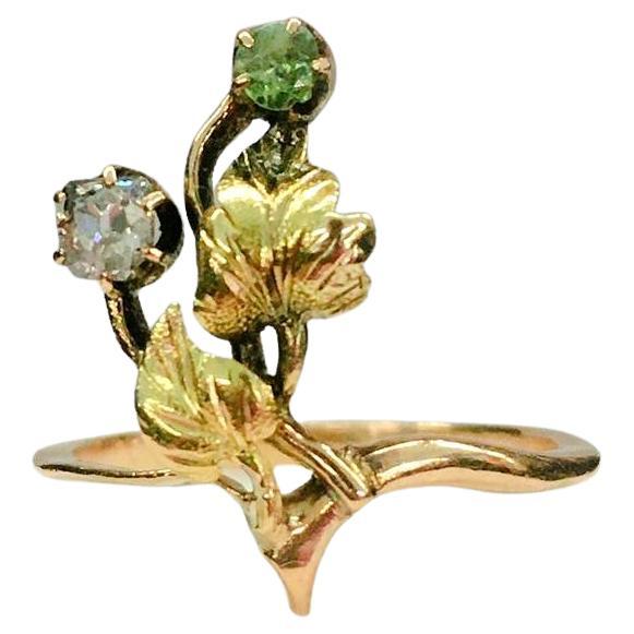 Women's Antique Diamond And Demantoid Russian Gold Ring For Sale