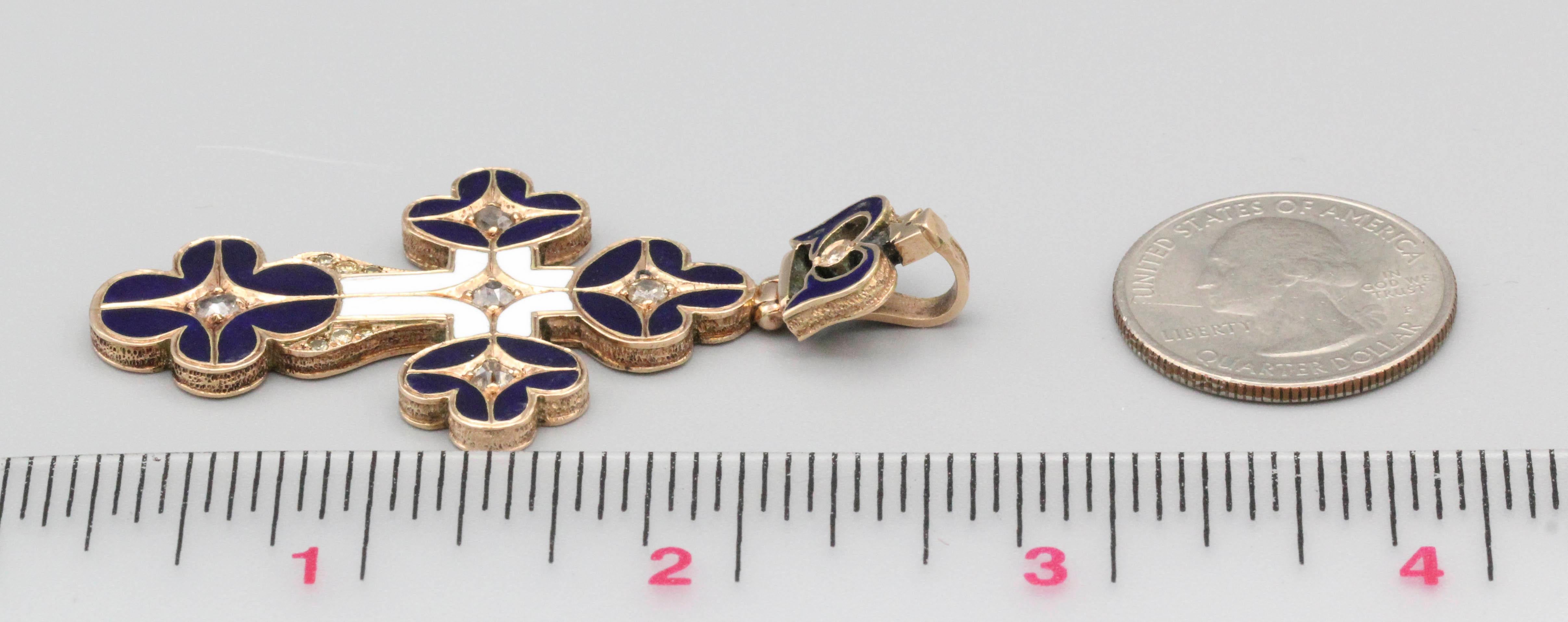 Antique Russian Diamond Enamel and Gold Cross Pendant For Sale 2