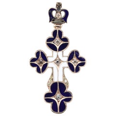 Antique Russian Diamond Enamel and Gold Cross Pendant