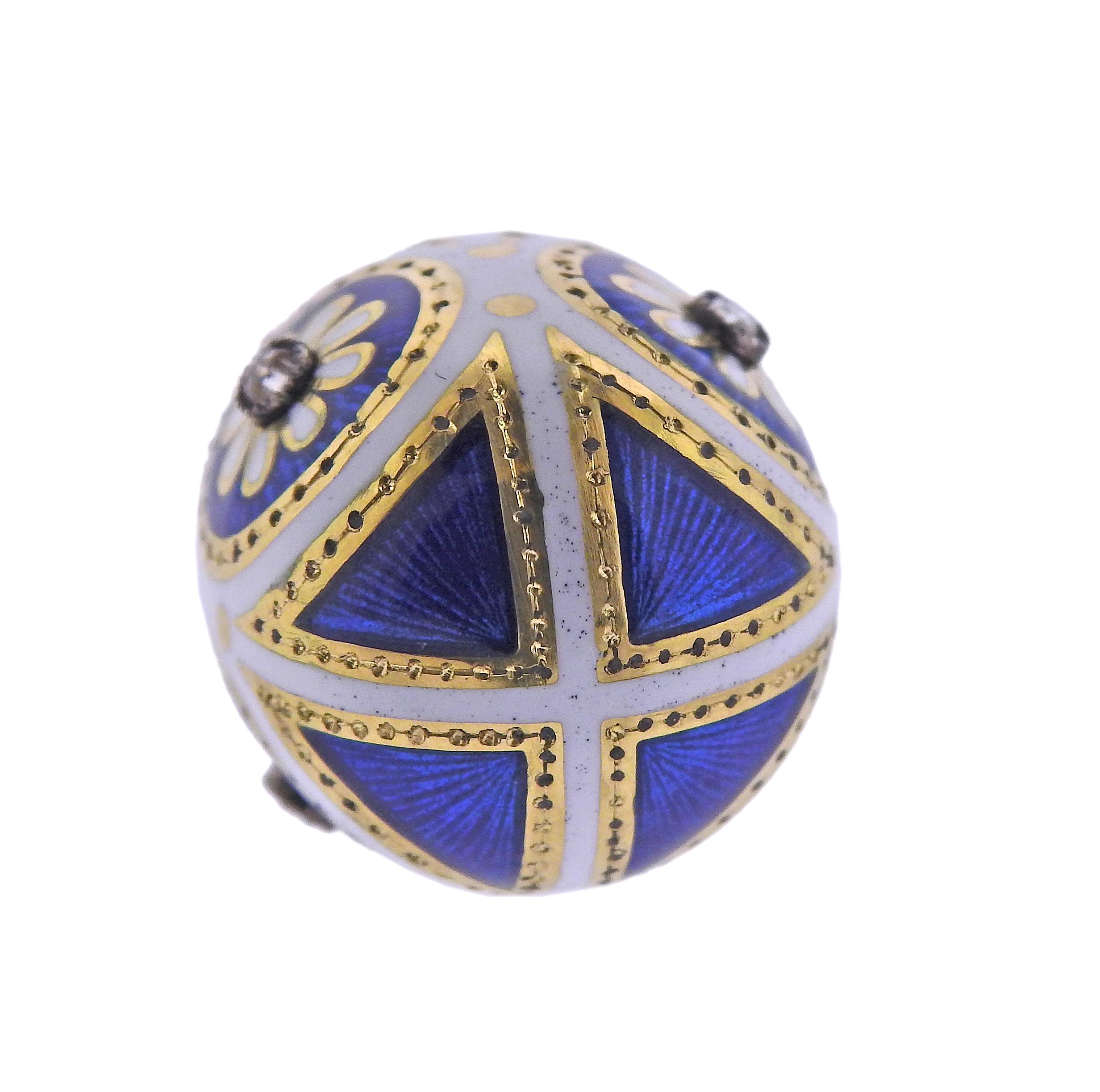 Antique Russian Diamond Enamel Gold Silver Egg Pendant In Excellent Condition In New York, NY