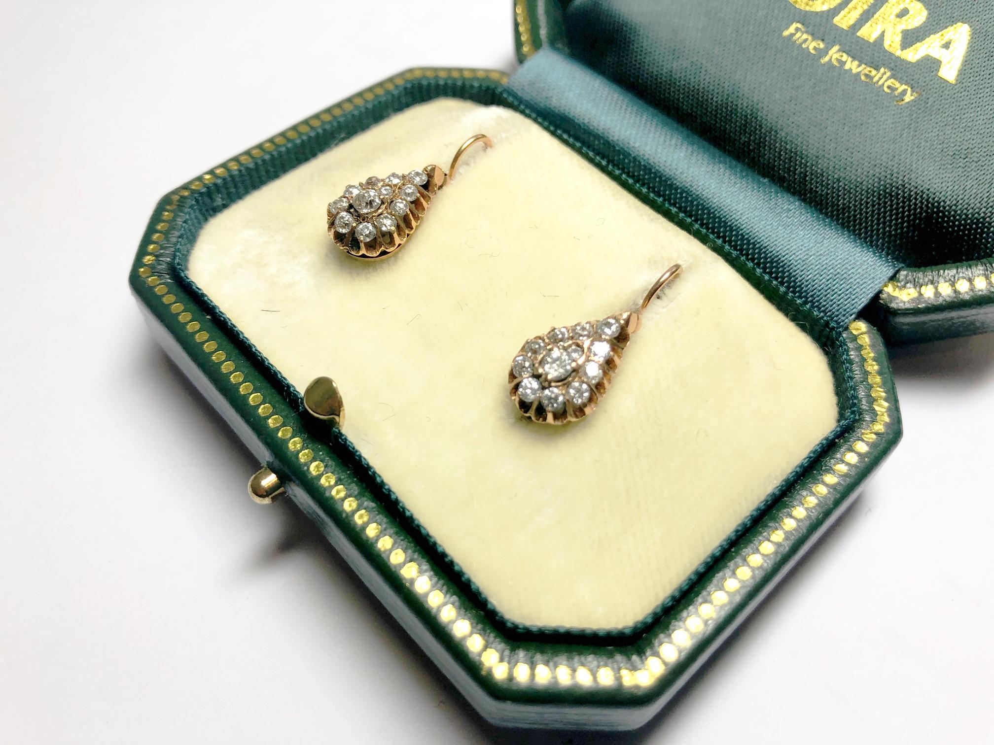 A pair of antique Russian diamond drop earrings, set with old-cut diamond clusters in a pear shape, claw setting, mounted in 14ct yellow gold. Estimated total diamond weight 1.00ct. With Russian 56 standard marks and maker mark CHB. Circa 1880.