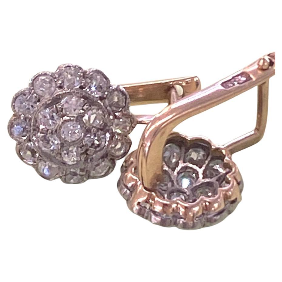 Antique russian early soviet unuion era 1920s earrings made in st petersburg city with an estimate diamond weight of 1.3 carats H color white excellent spark earrings diameter 11cm and 1.5 cm lenght hall marked 583 gold standard and st petersburg