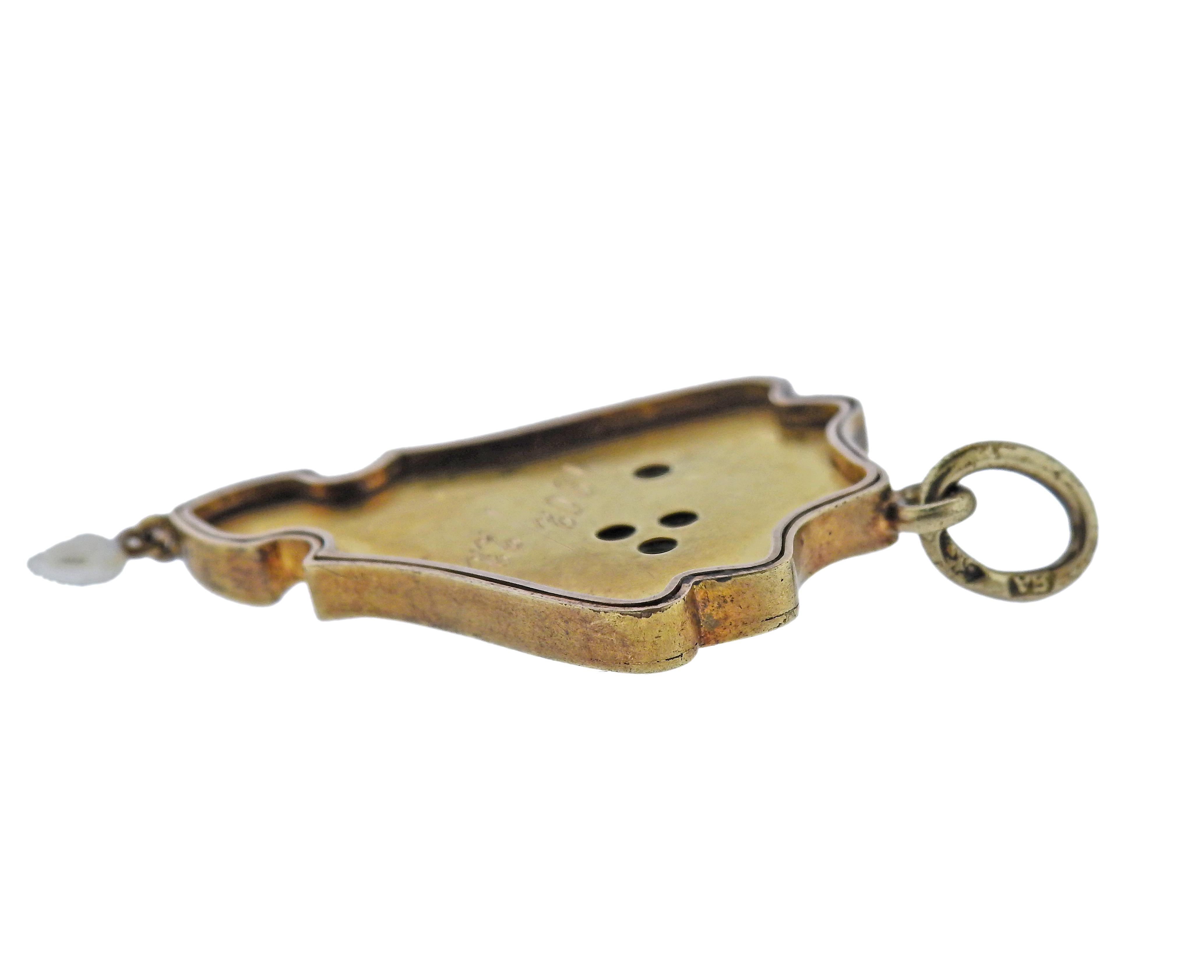 Antiguo Colgante Ruso Diamante Rubí Esmeralda Zafiro Esmalte Oro Perla Talla antigua en venta