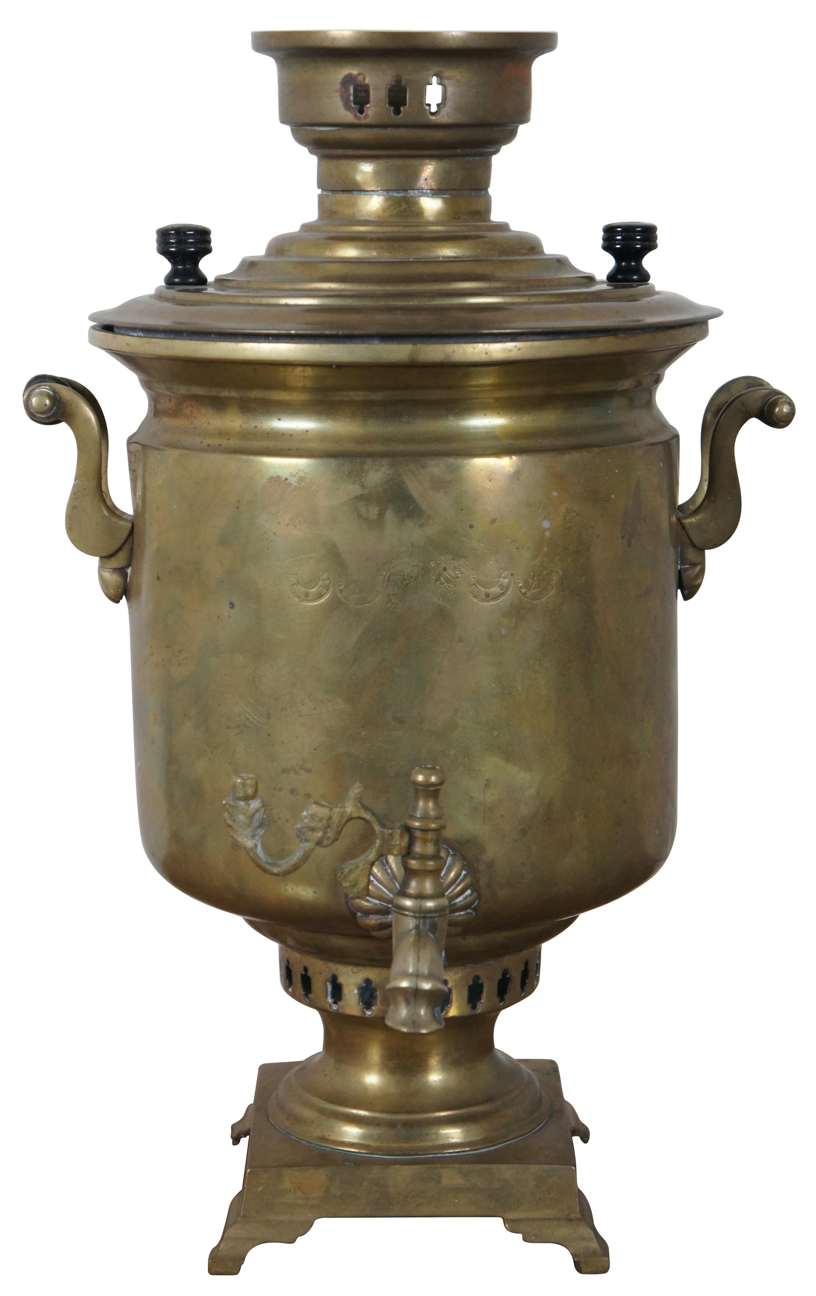 Antique Russian brass samovar / coffee or tea urn with wood handles.