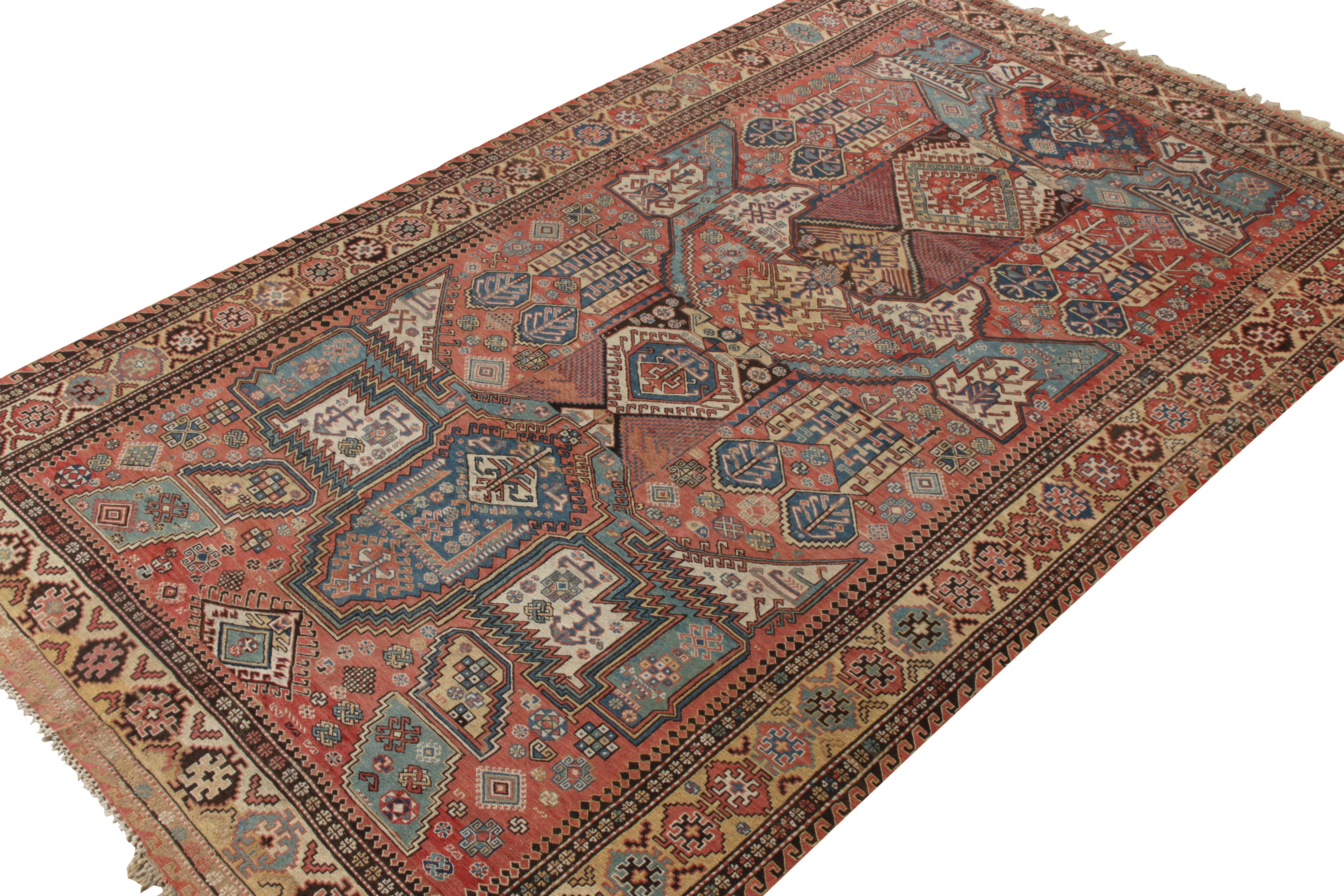 Hand-Knotted Antique Russian Dragon Tribal Rug in All over Red Brown Geometric by Rug & Kilim For Sale