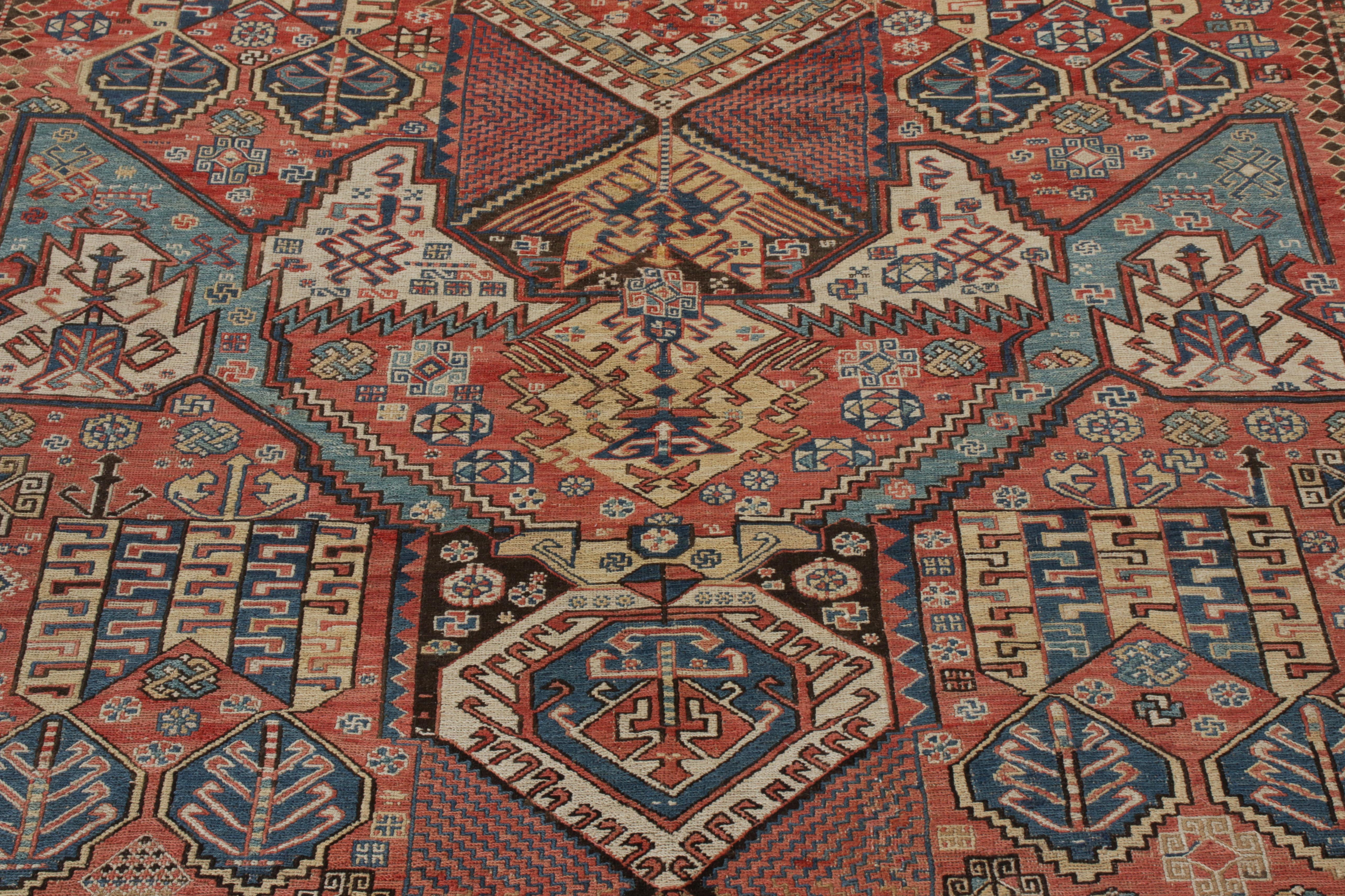 Early 20th Century Antique Russian Dragon Tribal Rug in All over Red Brown Geometric by Rug & Kilim For Sale