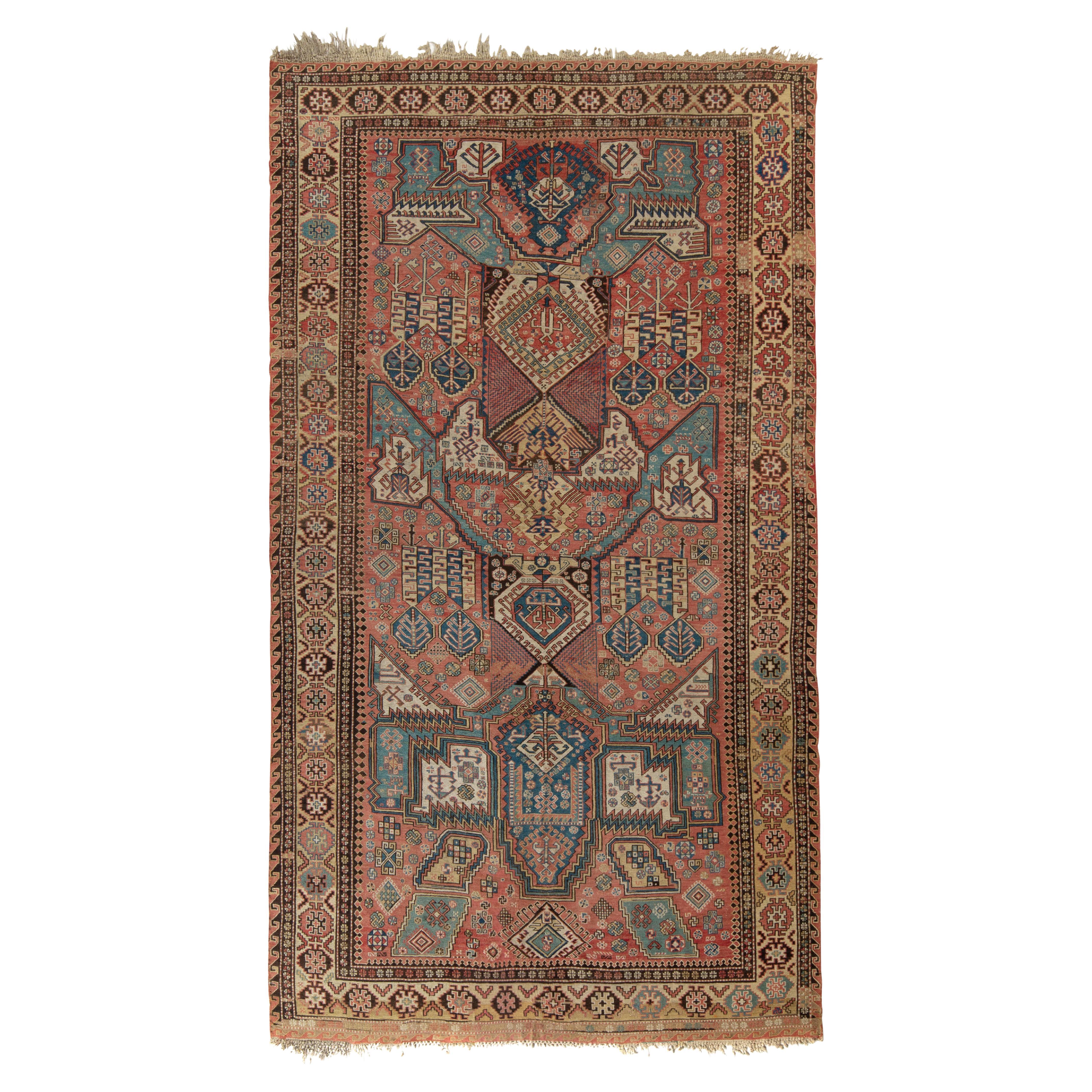 Antique Russian Dragon Tribal Rug in All over Red Brown Geometric by Rug & Kilim For Sale