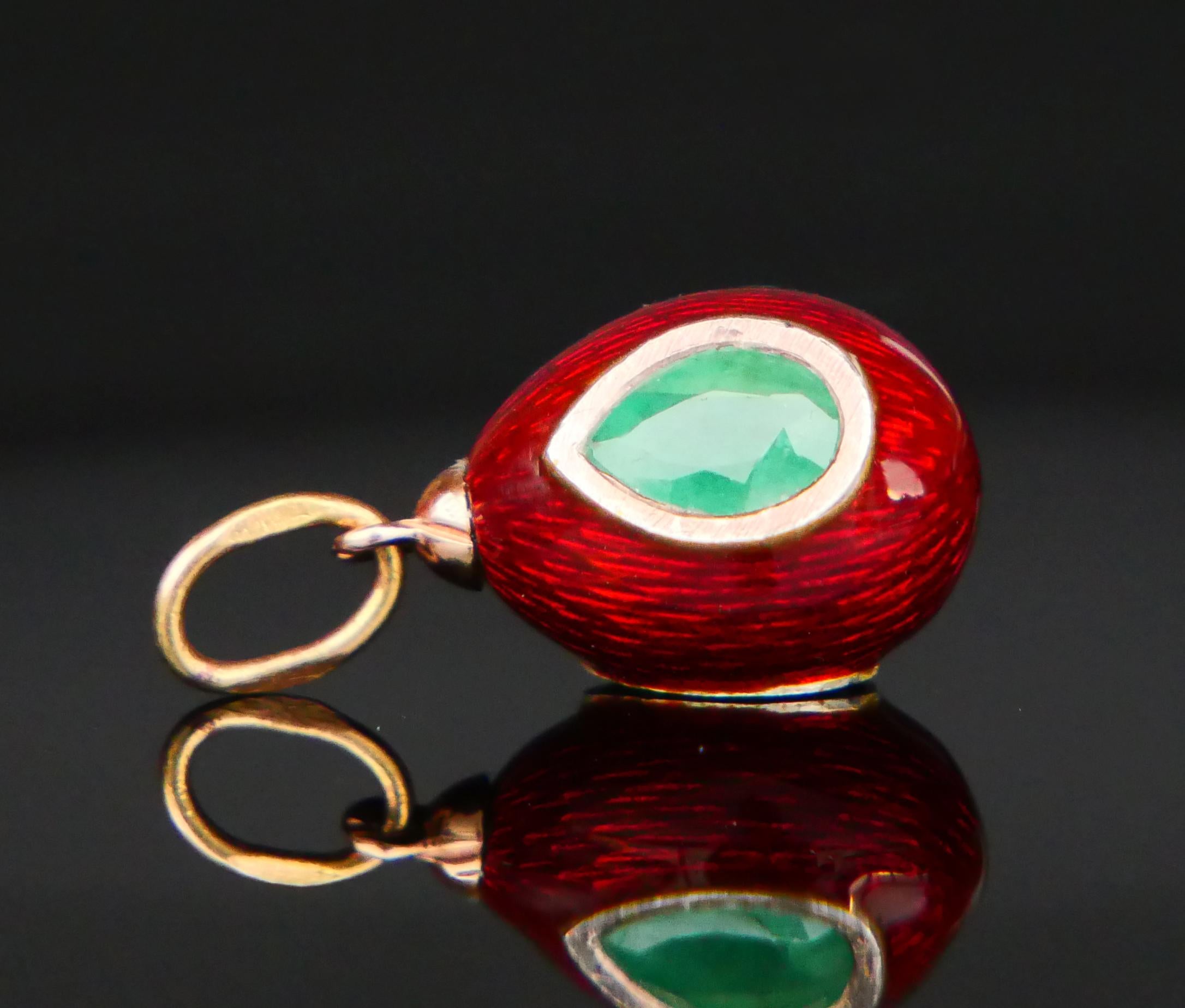 Russian Empire Antique Russian Egg Pendant 2.5ct Emerald Enamel 56 Gold 14K Silver/ 4.4gr  For Sale