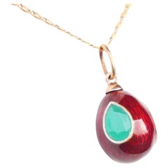Antique Russian Egg Pendant 2.5ct Emerald Enamel 56 Gold 14K Silver/ 4.4gr