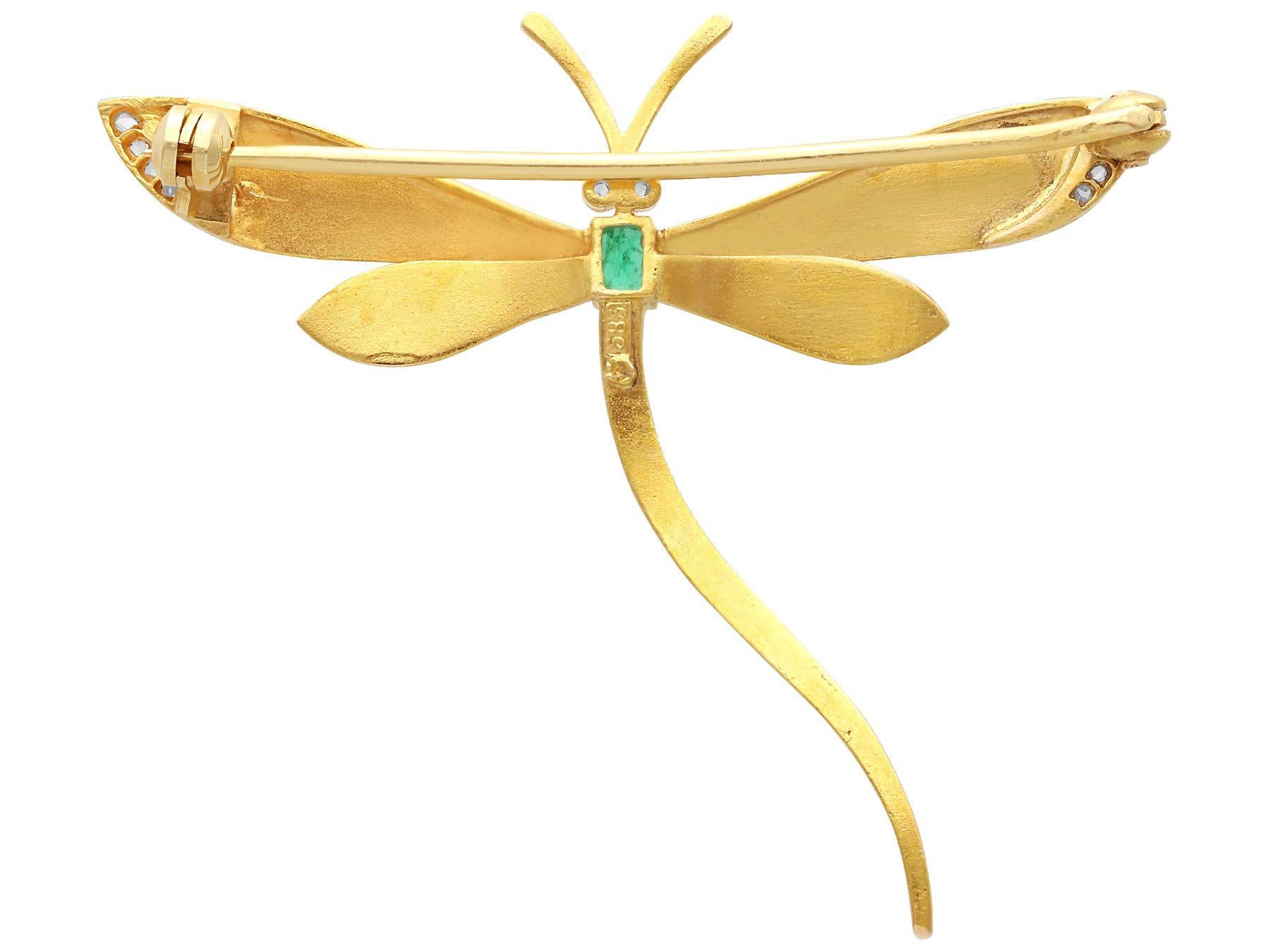 Women's or Men's Antique Russian Emerald and Diamond Yellow Gold Dragonfly Brooch