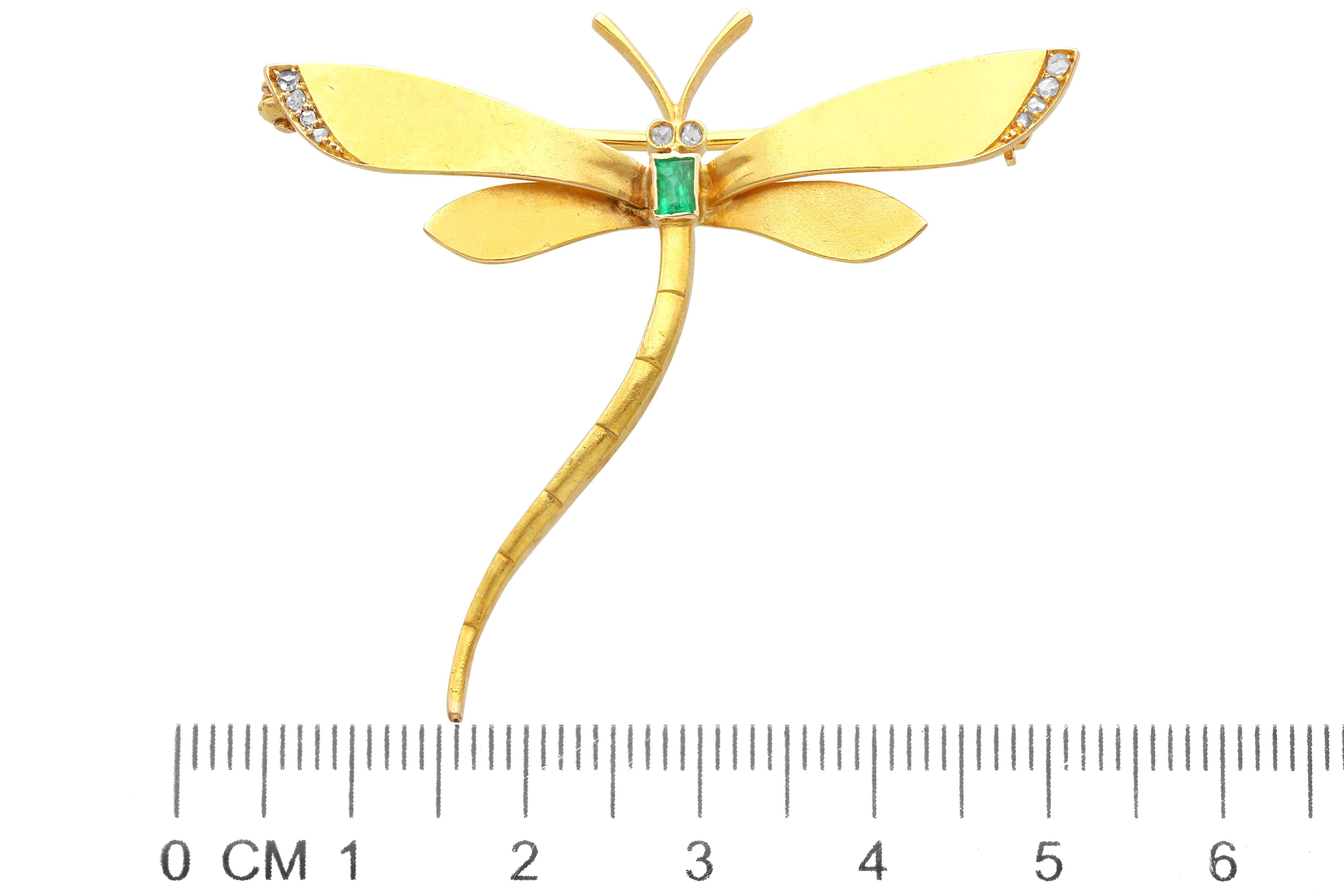 Antique Russian Emerald and Diamond Yellow Gold Dragonfly Brooch 2
