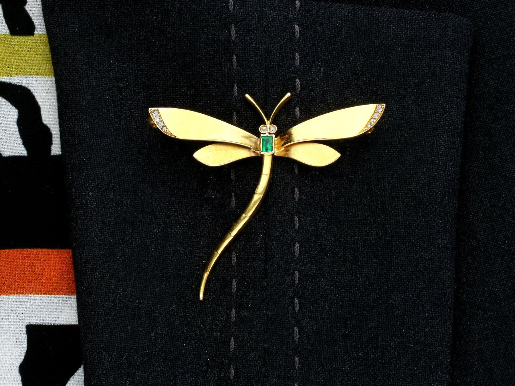 Antique Russian Emerald and Diamond Yellow Gold Dragonfly Brooch 3