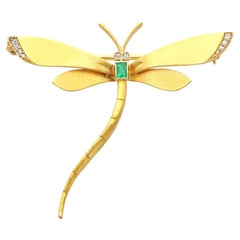 Antique Russian Emerald and Diamond Yellow Gold Dragonfly Brooch