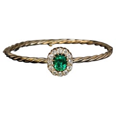 Antique Russian Emerald Diamond Gold Bangle Bracelet