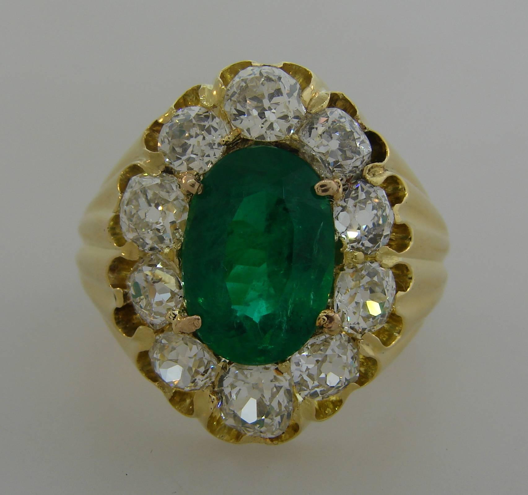 Victorian Antique Russian Emerald Diamond Yellow Gold Ring