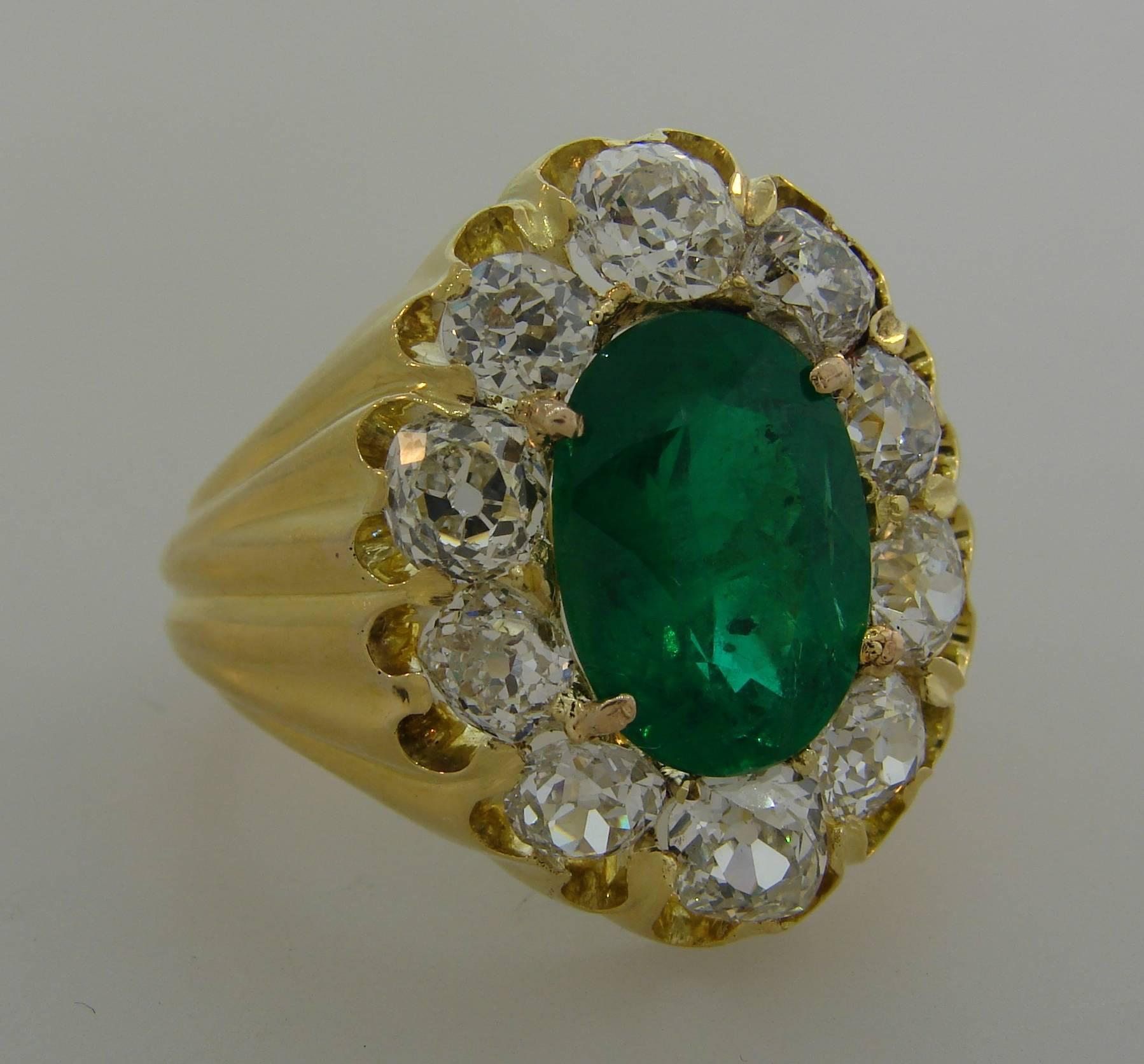 Cushion Cut Antique Russian Emerald Diamond Yellow Gold Ring