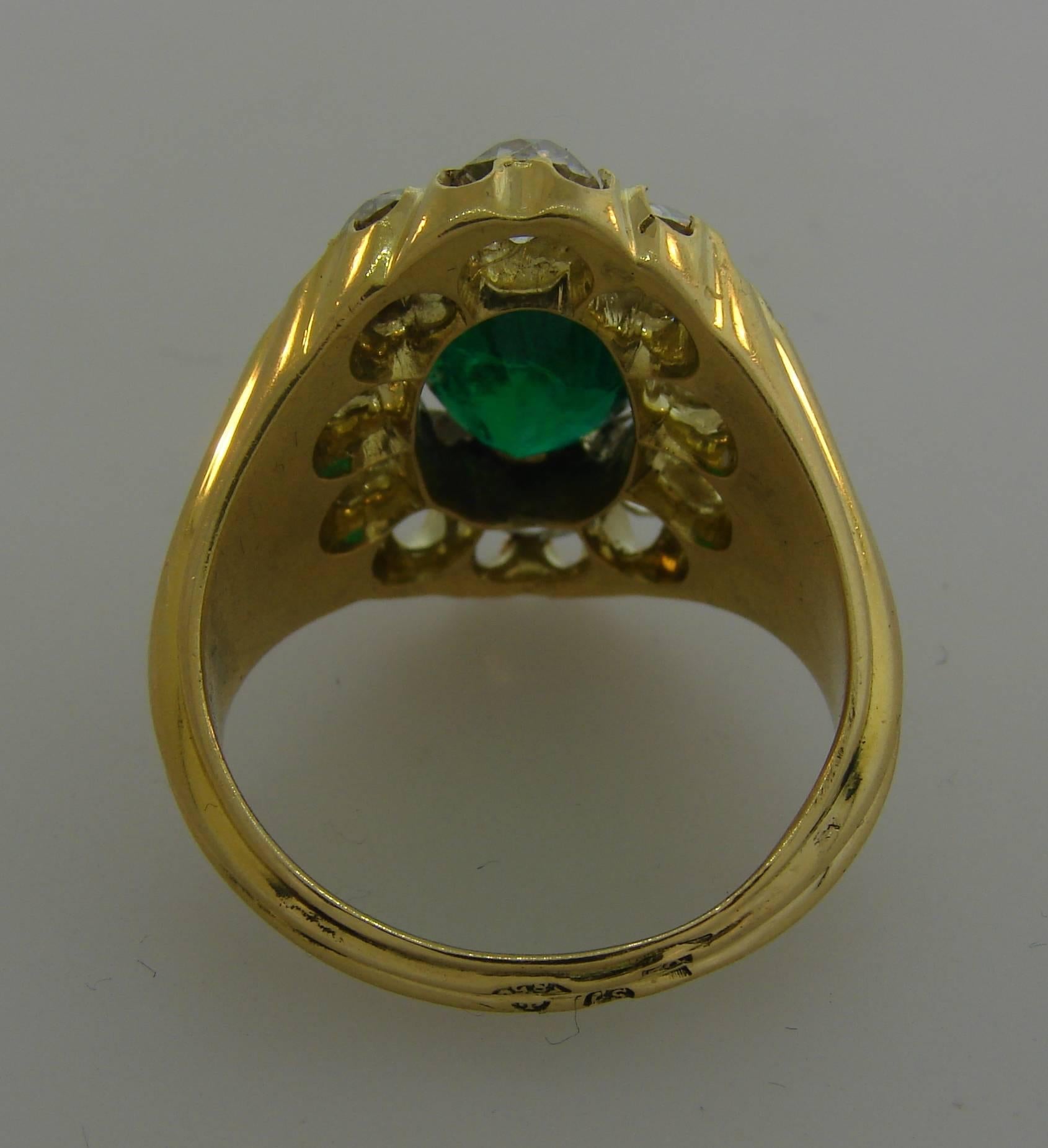 Women's Antique Russian Emerald Diamond Yellow Gold Ring